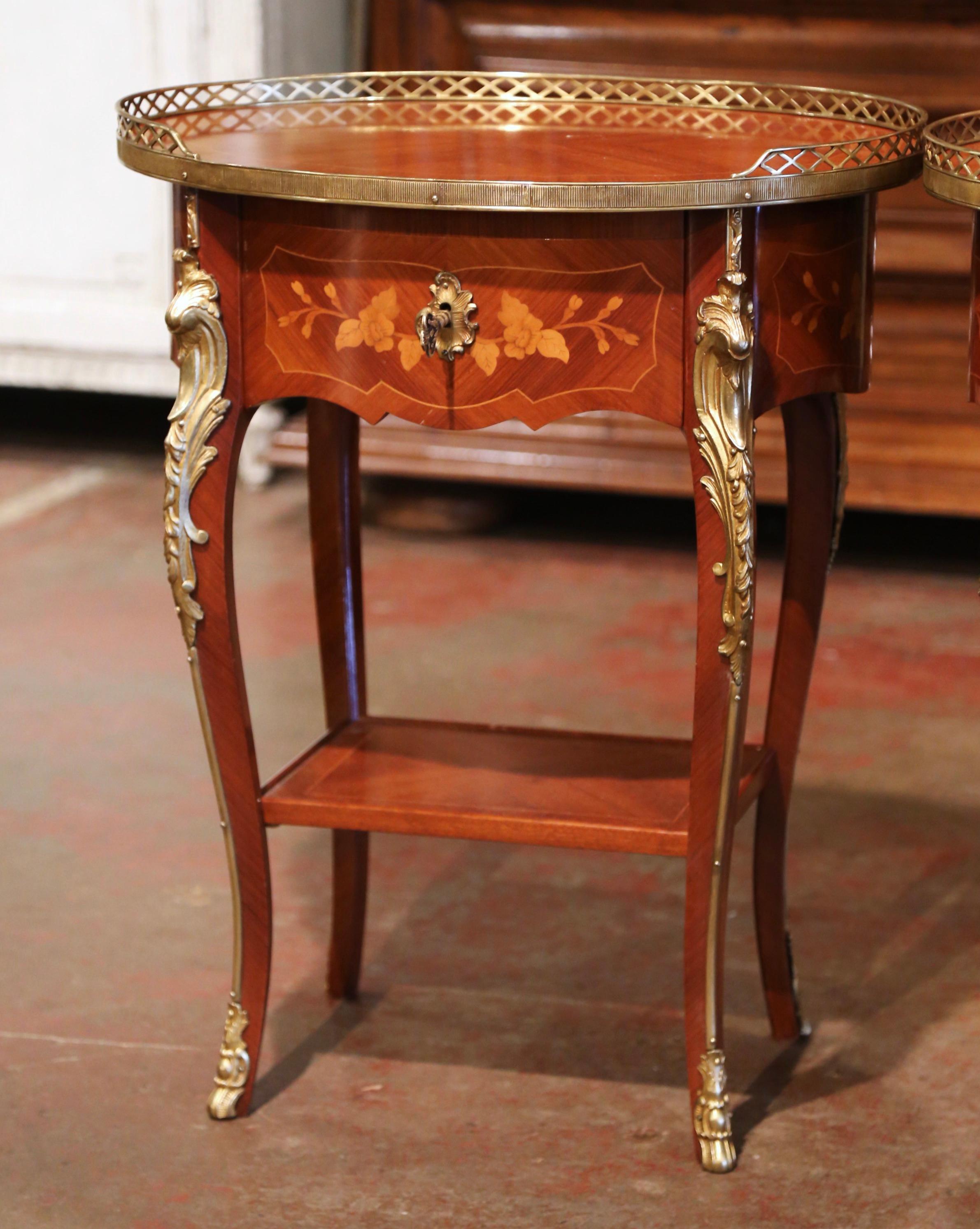 Hand-Carved Pair of Early 20th Century French Louis XV Walnut Marquetry & Brass Side Tables