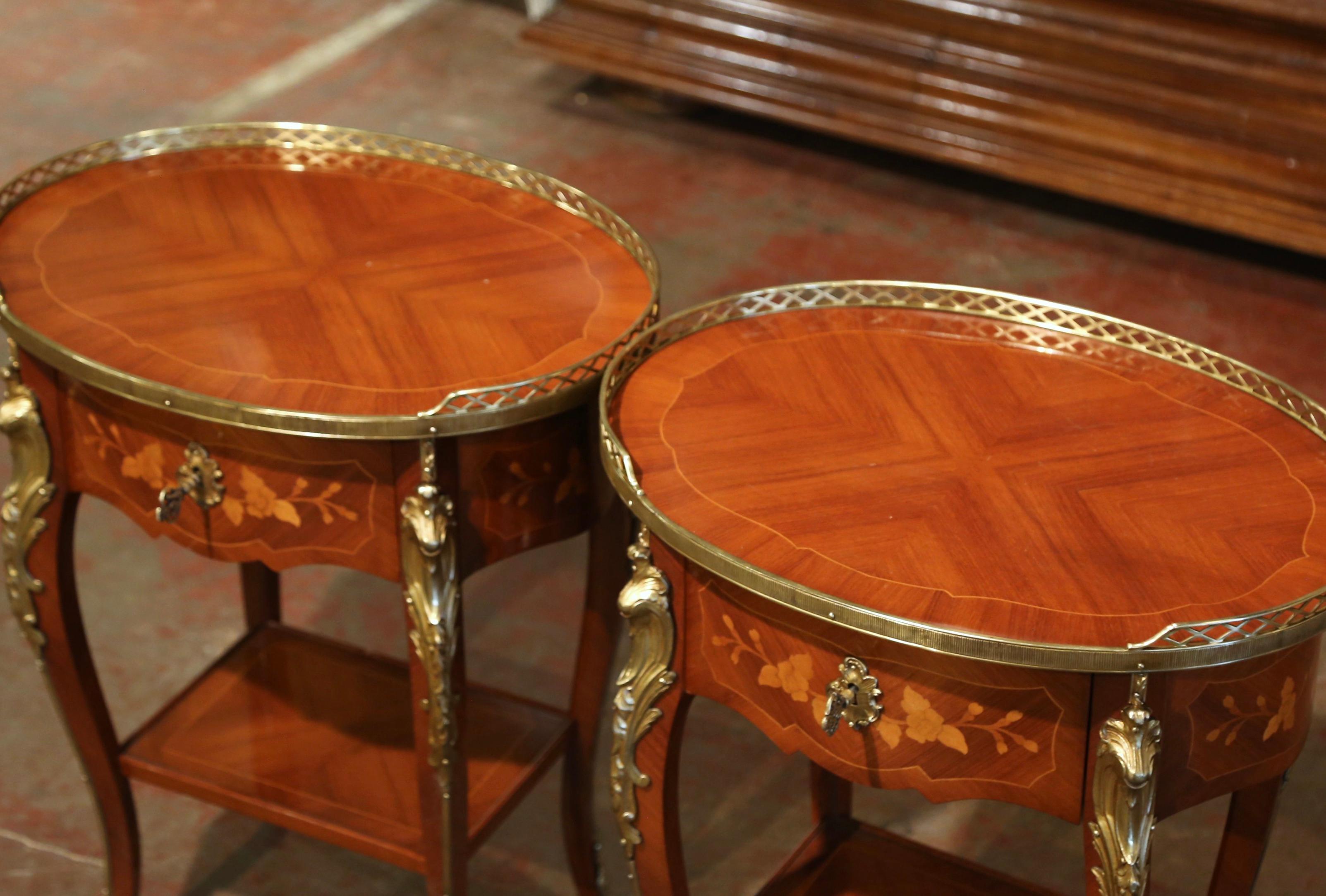 Bronze Pair of Early 20th Century French Louis XV Walnut Marquetry & Brass Side Tables