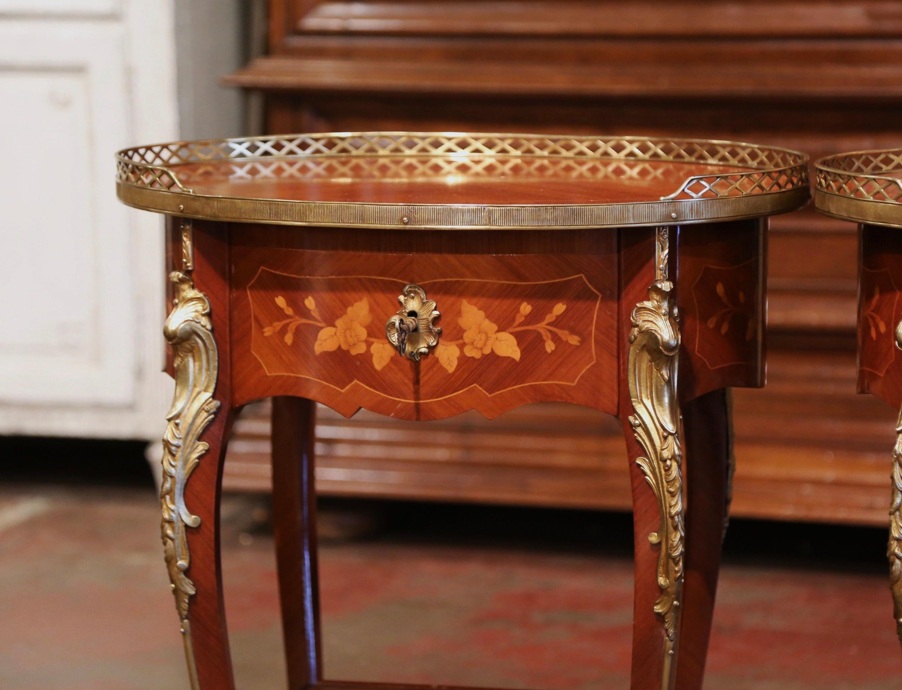 Pair of Early 20th Century French Louis XV Walnut Marquetry & Brass Side Tables 1