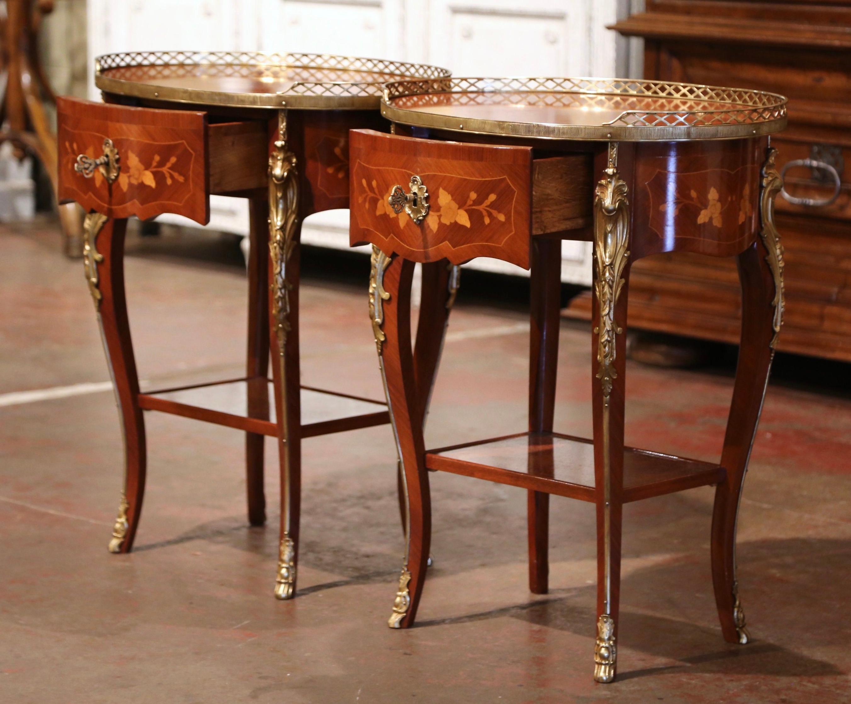 Pair of Early 20th Century French Louis XV Walnut Marquetry & Brass Side Tables 2
