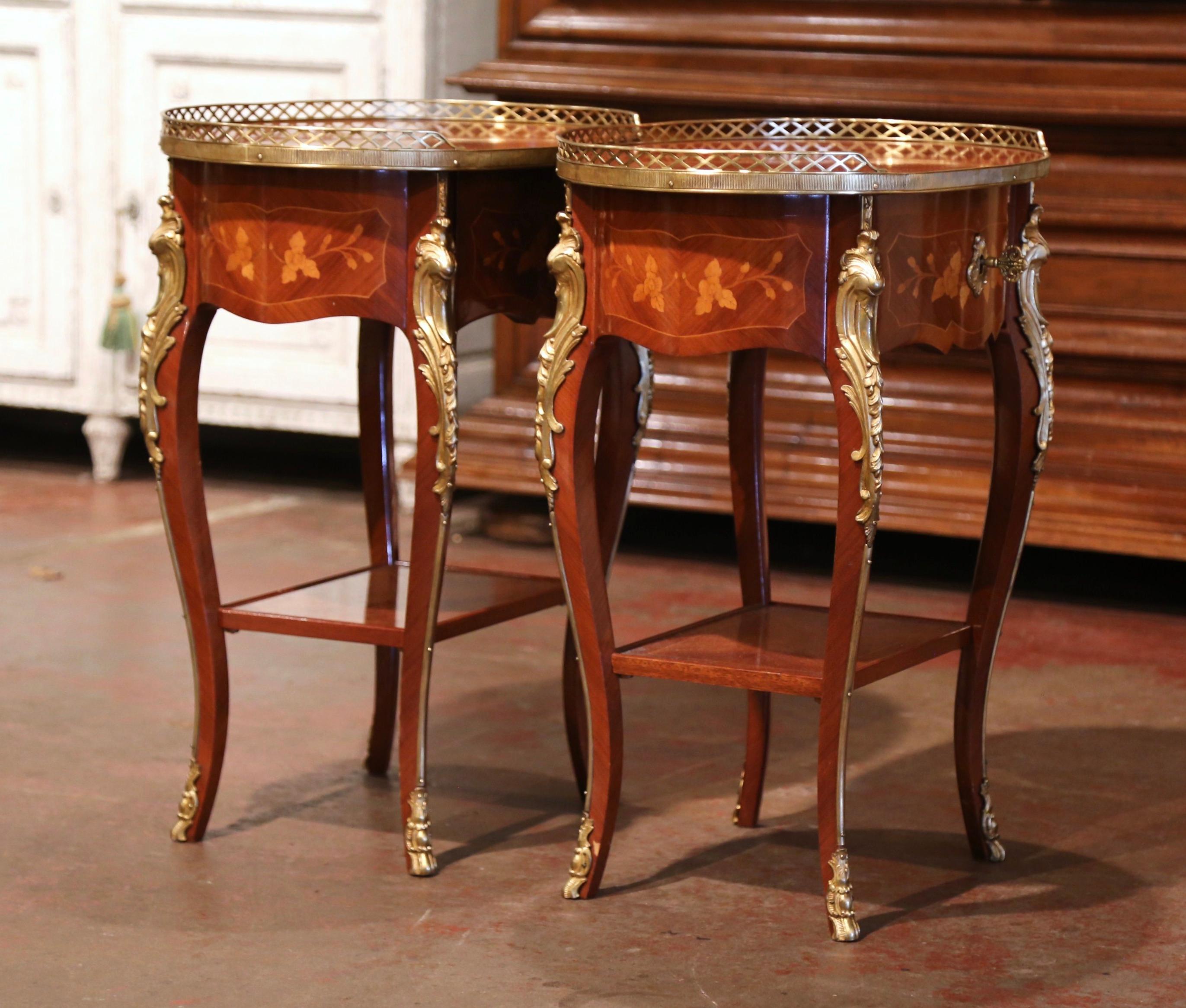 Pair of Early 20th Century French Louis XV Walnut Marquetry & Brass Side Tables 4