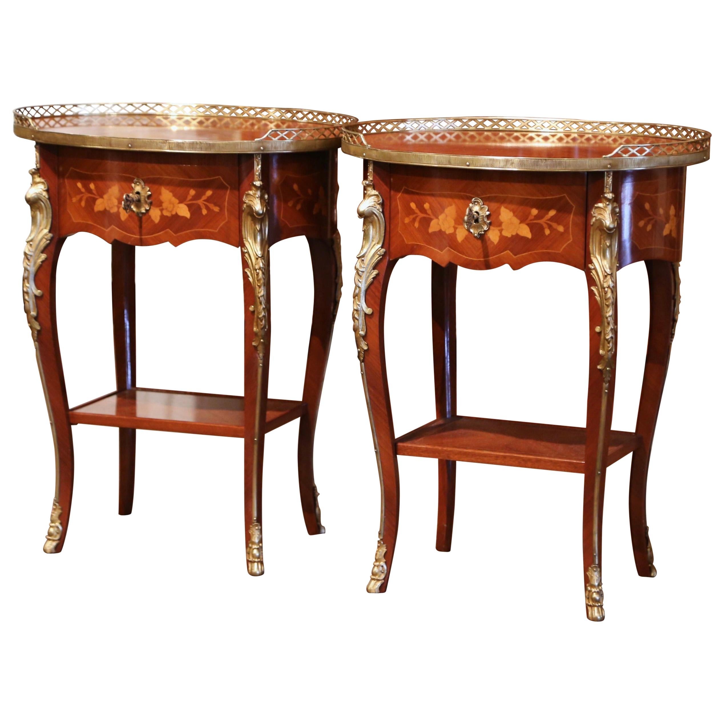 Pair of Early 20th Century French Louis XV Walnut Marquetry & Brass Side Tables