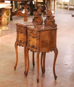 Pair of Early 20th Century French Louis XV Walnut Nightstands with Marble Tops