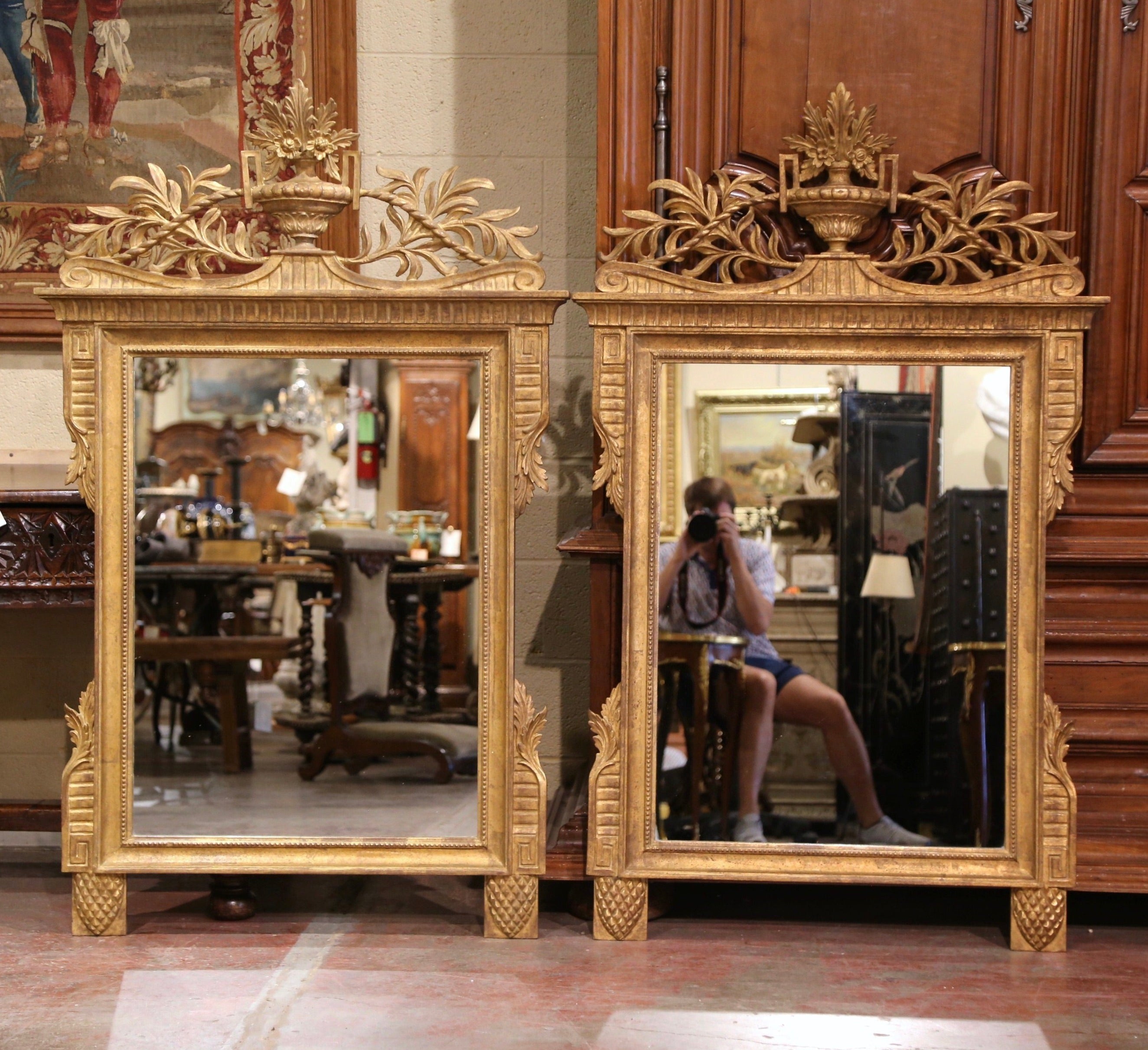 Pair of Large Early 20th Century French Louis XVI Carved Giltwood Wall Mirrors 1
