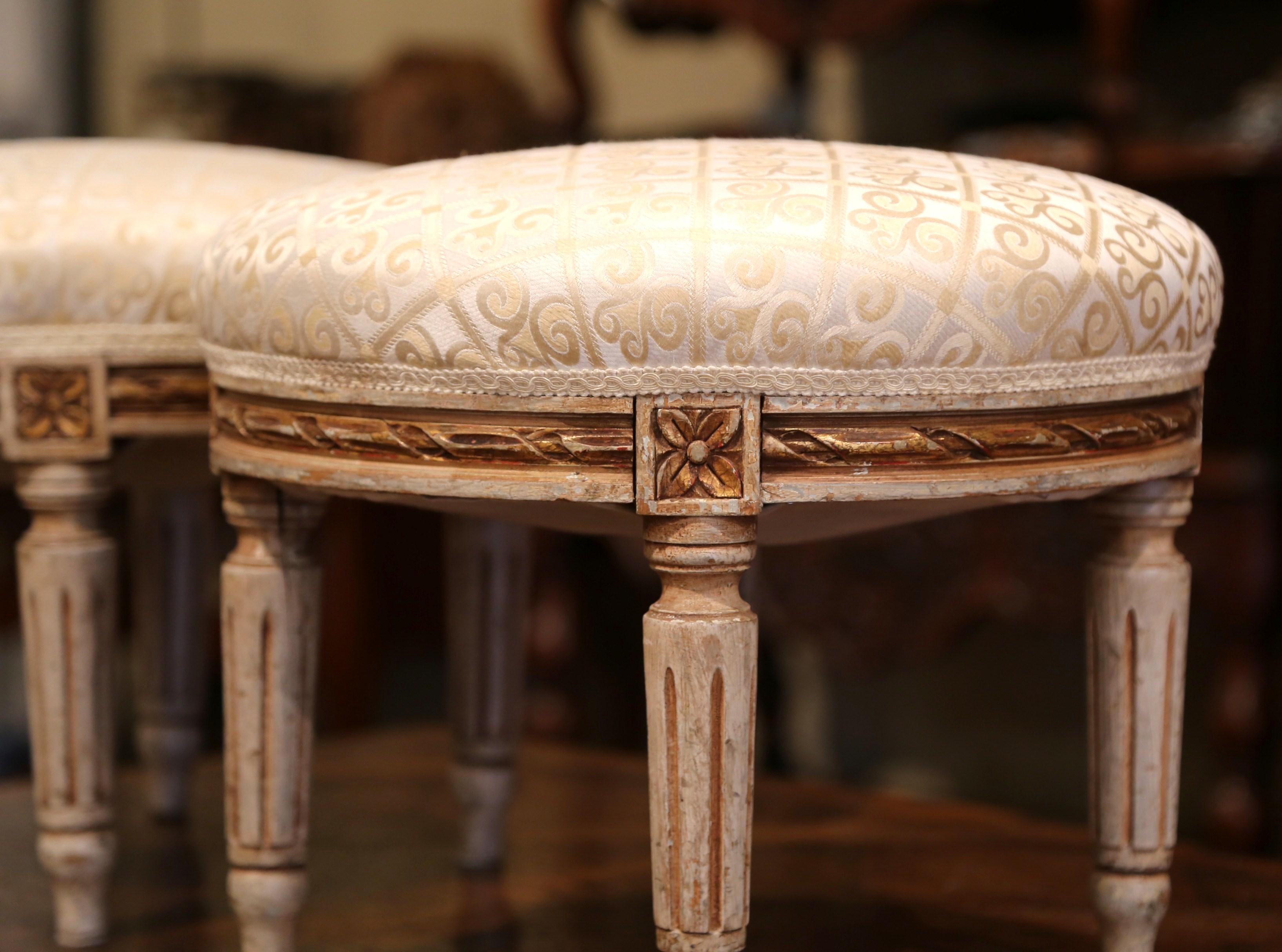 Silk Pair of Early 20th Century French Louis XVI Carved Painted and Gilt Footstools
