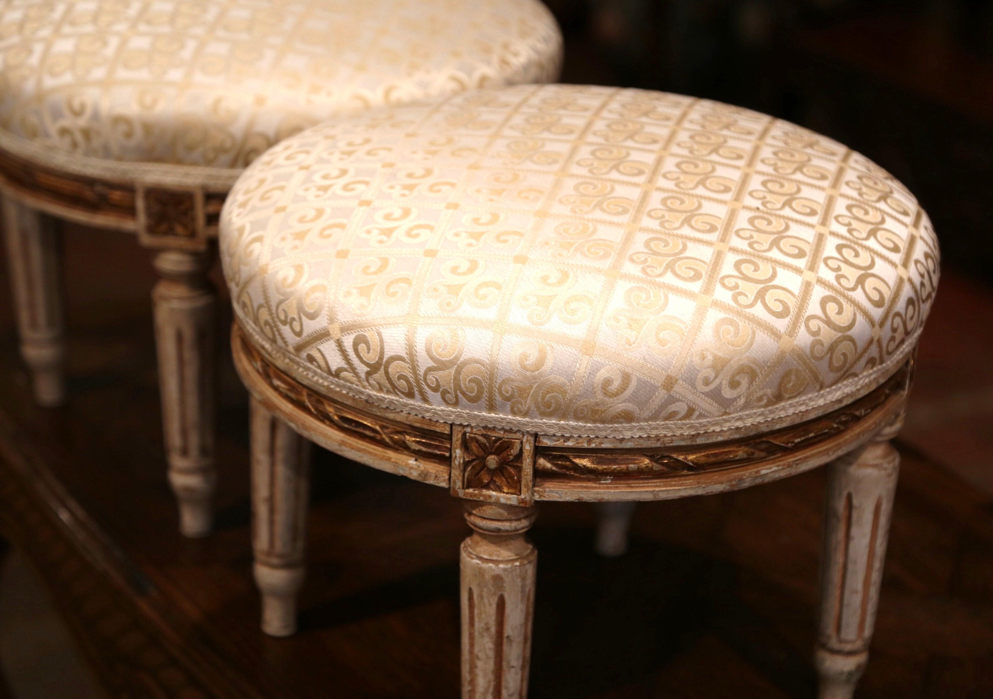 Pair of Early 20th Century French Louis XVI Carved Painted and Gilt Footstools 2