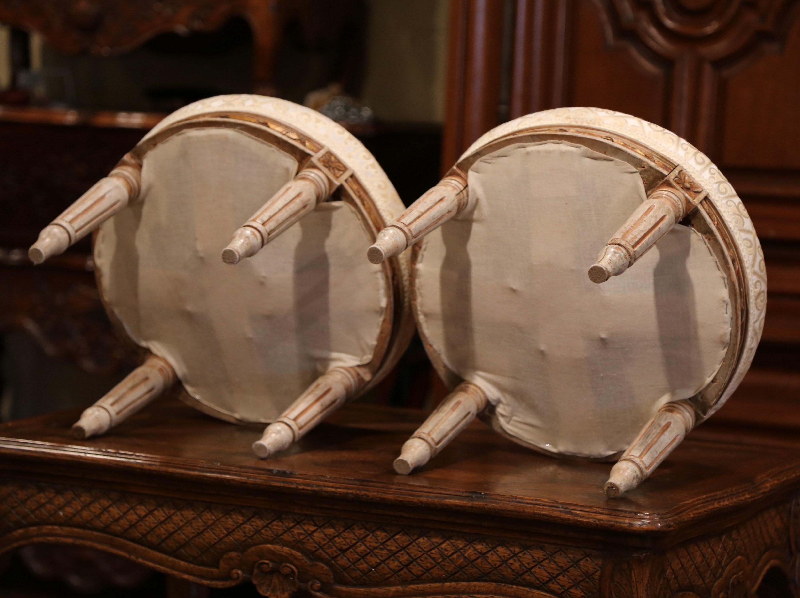 Pair of Early 20th Century French Louis XVI Carved Painted and Gilt Footstools 4