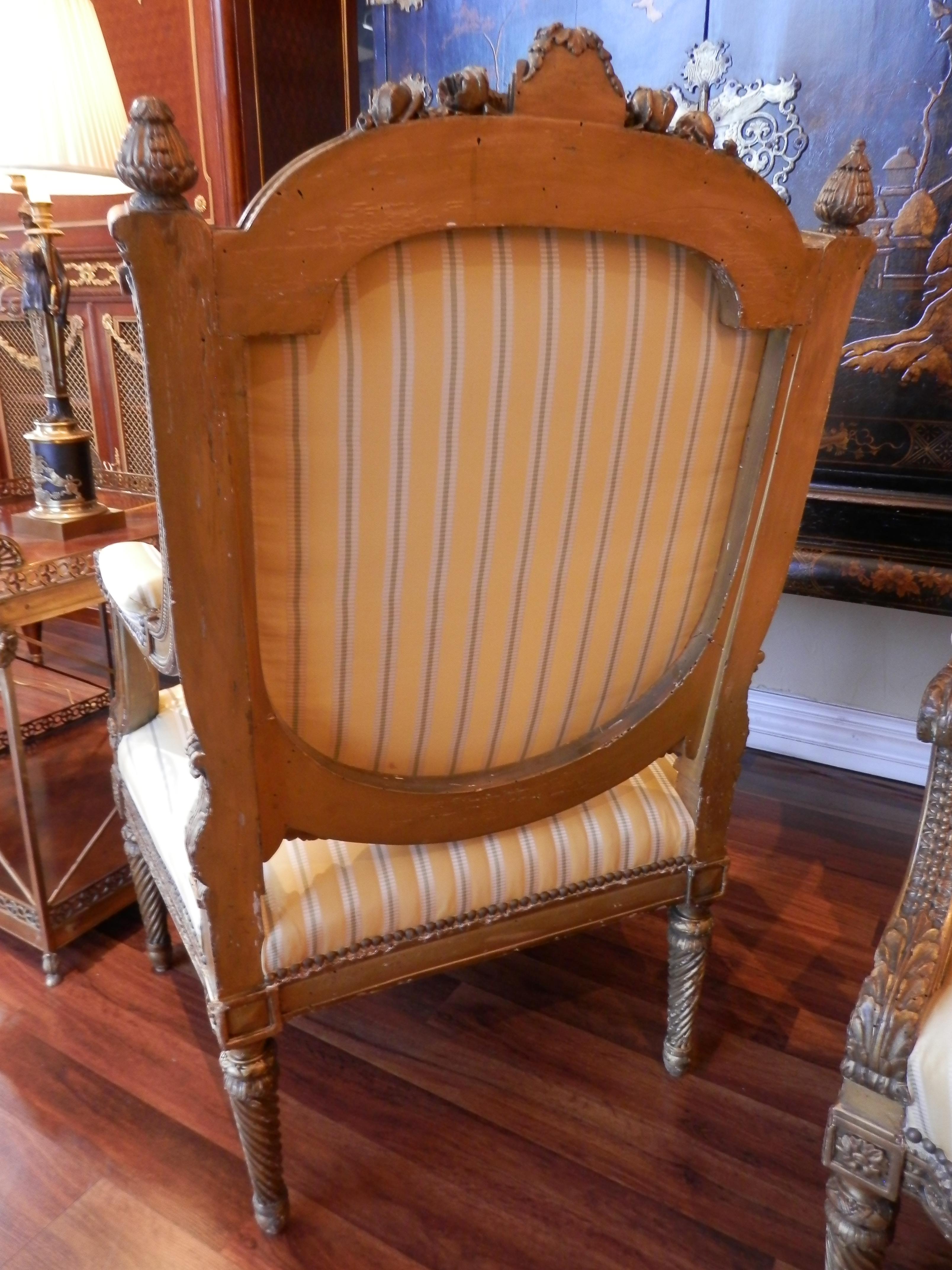 Giltwood Pair of Early 20th Century French Louis XVI Gilt Large Open Armchairs