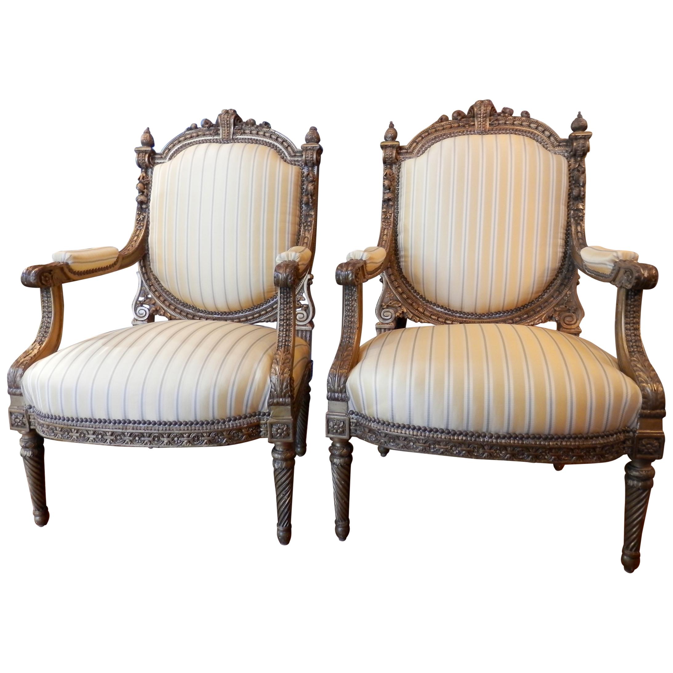 Pair of Early 20th Century French Louis XVI Gilt Large Open Armchairs