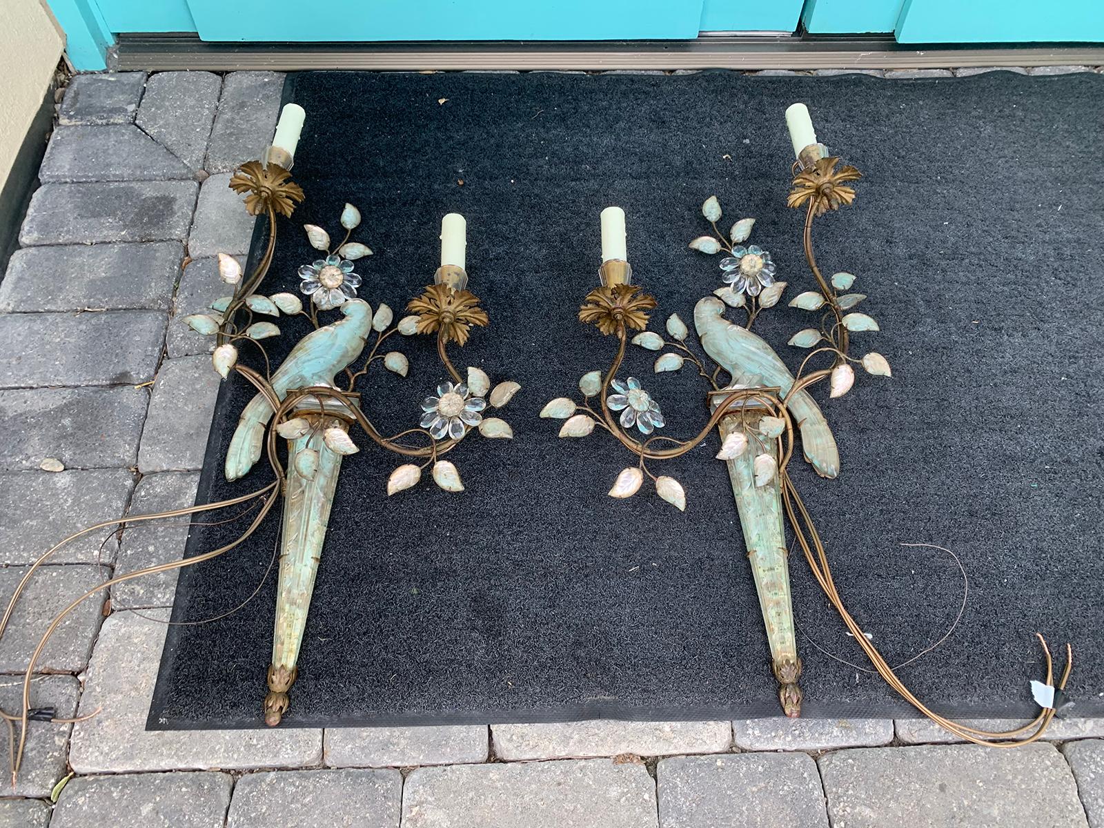 Pair of early 20th century French Maison Baguès parrot two-light sconces, brand new wiring.