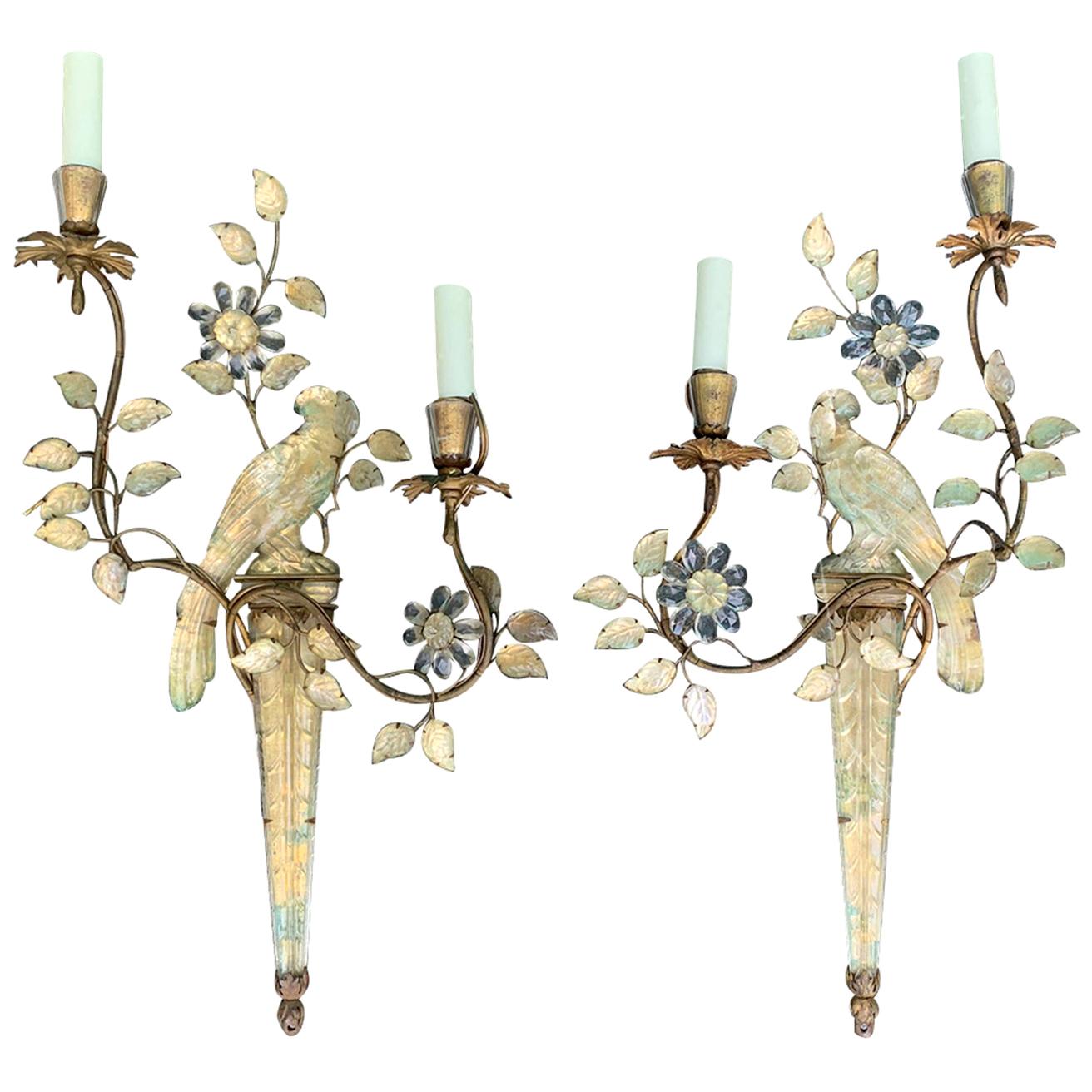 Pair of Early 20th Century French Maison Baguès Parrot Two-Light Sconces
