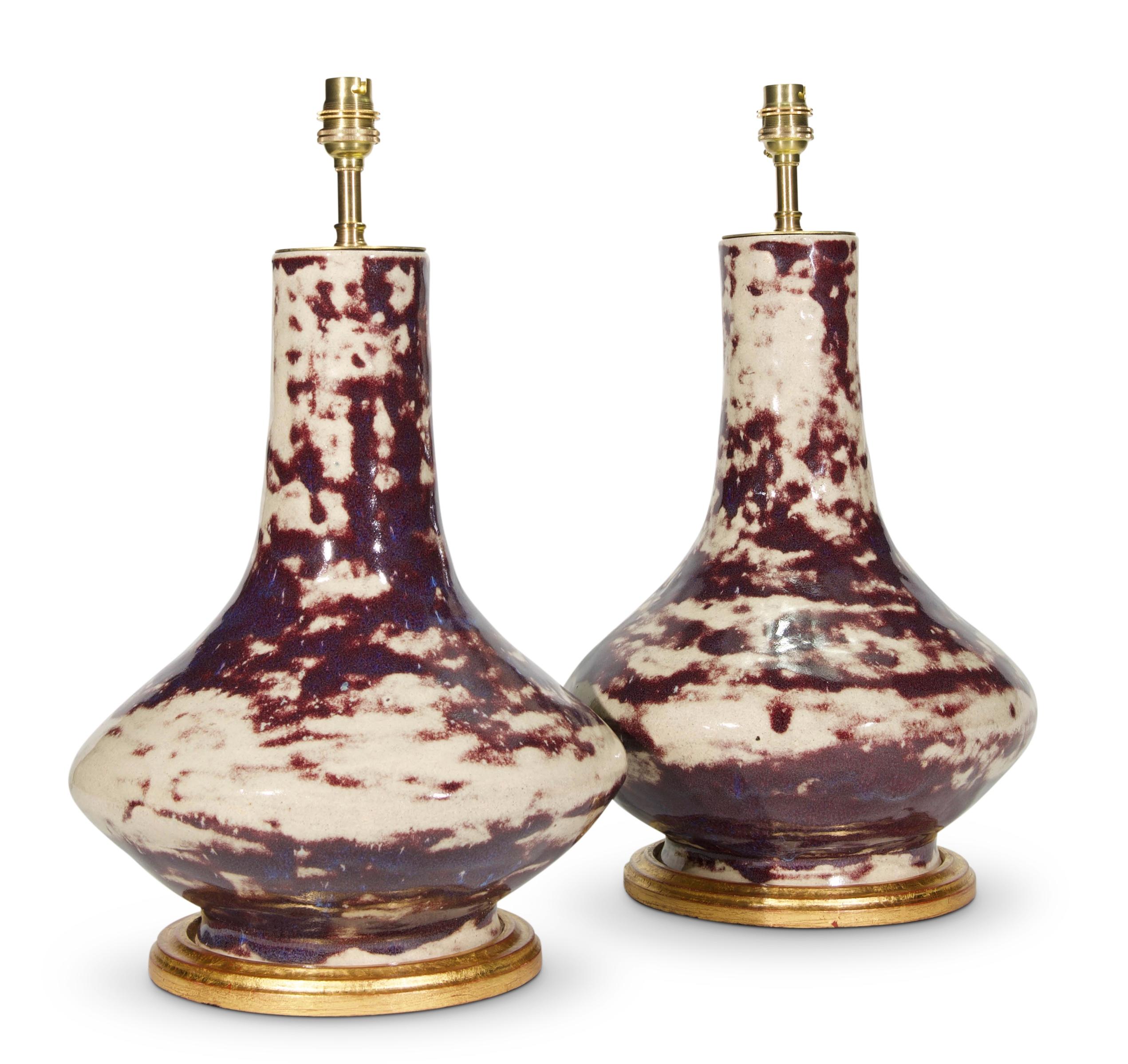 Glazed Pair of Early 20th Century French Mottled Sang De Boeuf Antique Table Lamps For Sale