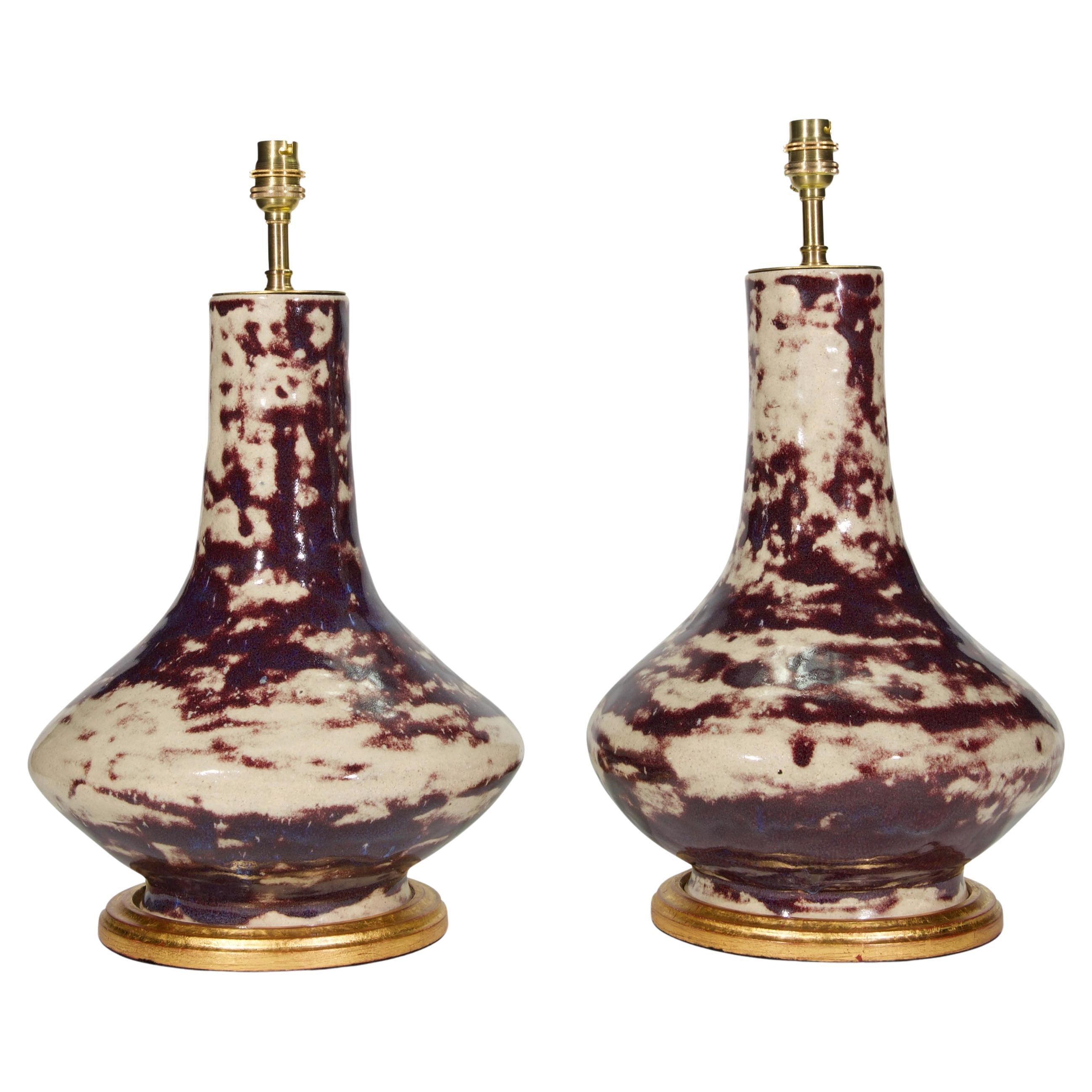 Pair of Early 20th Century French Mottled Sang De Boeuf Antique Table Lamps For Sale