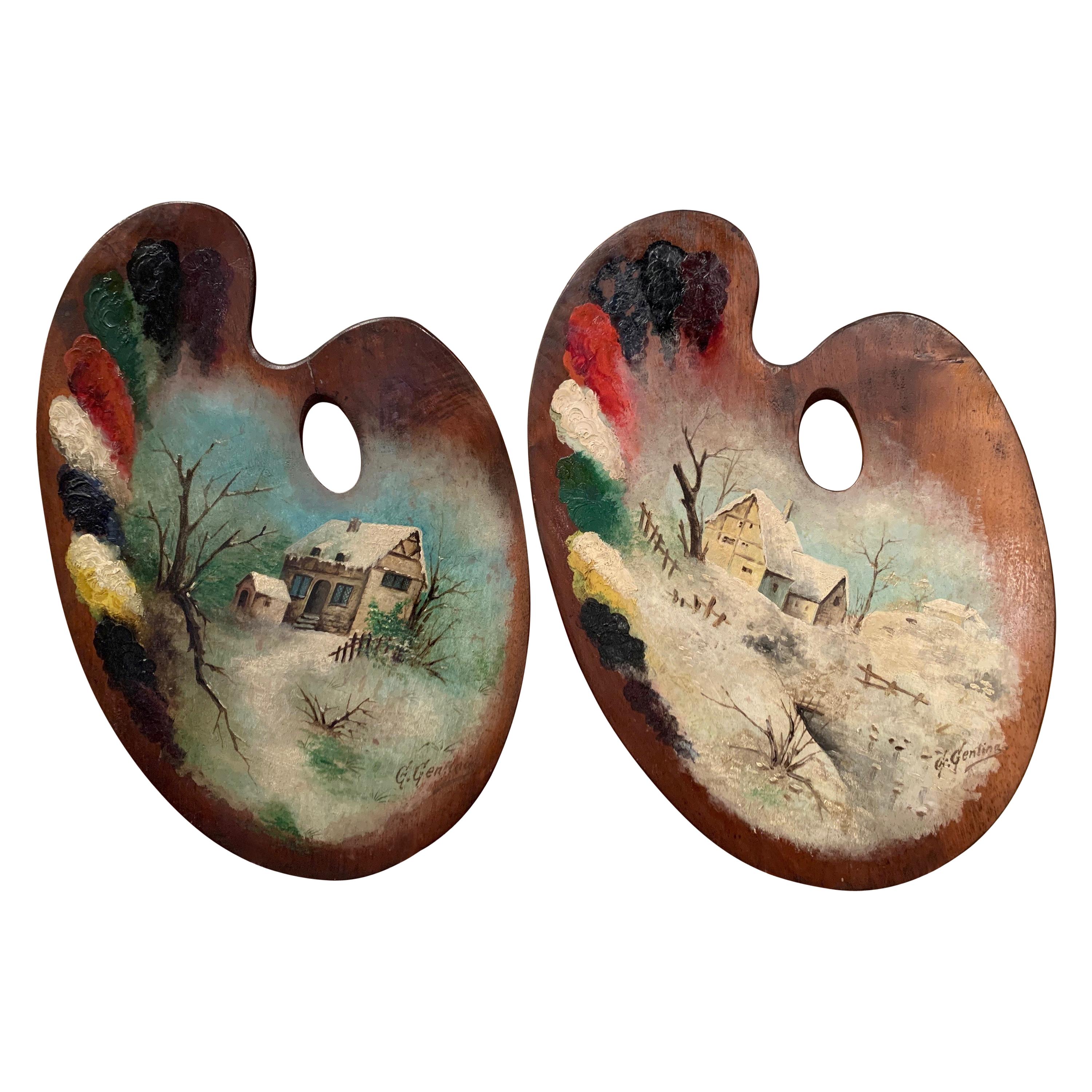 Pair of Early 20th Century French Oil Paintings on Palettes Signed