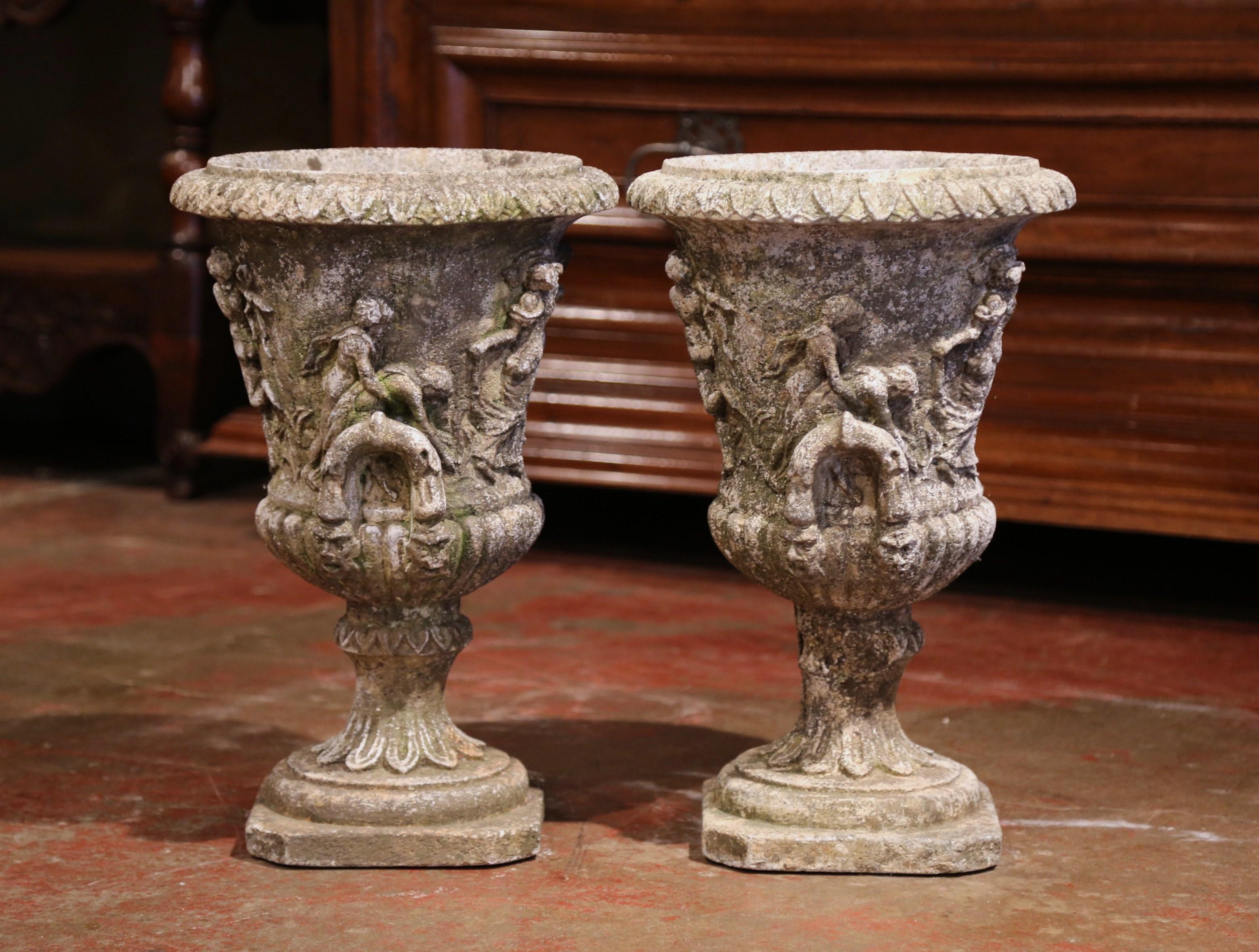 Hand-Carved Pair of Early 20th Century French Outdoor Carved Cast Stone Vases