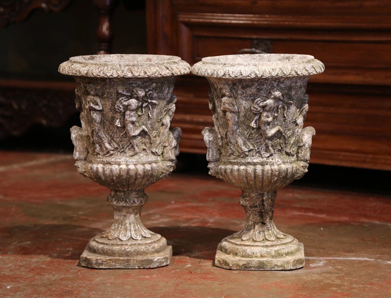 Pair of Early 20th Century French Outdoor Carved Cast Stone Vases at