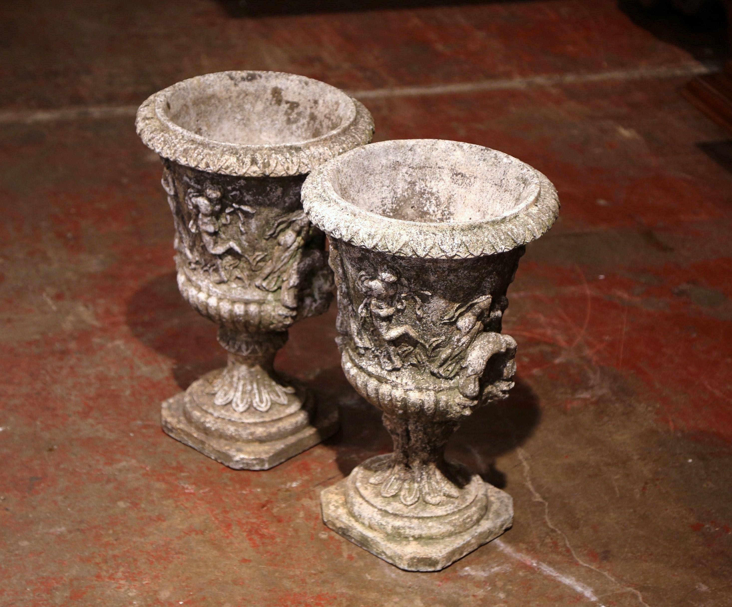 Pair of Early 20th Century French Outdoor Carved Cast Stone Vases 1