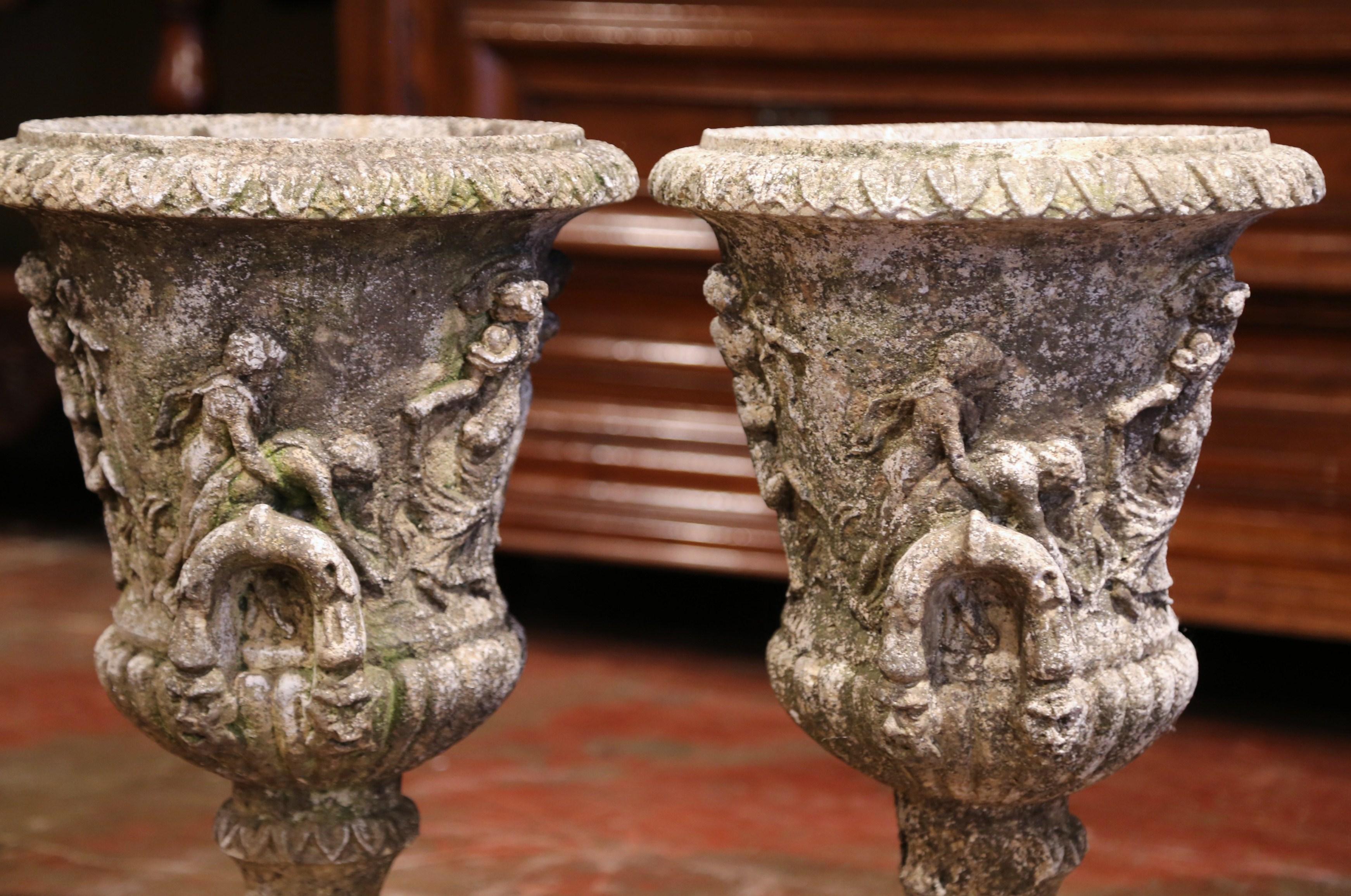 Pair of Early 20th Century French Outdoor Carved Cast Stone Vases 2