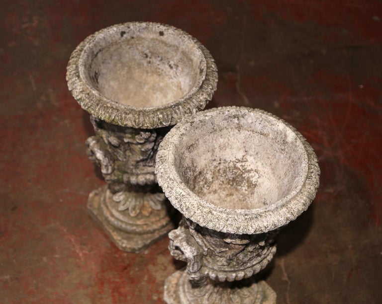 Pair of Early 20th Century French Outdoor Carved Cast Stone Vases at