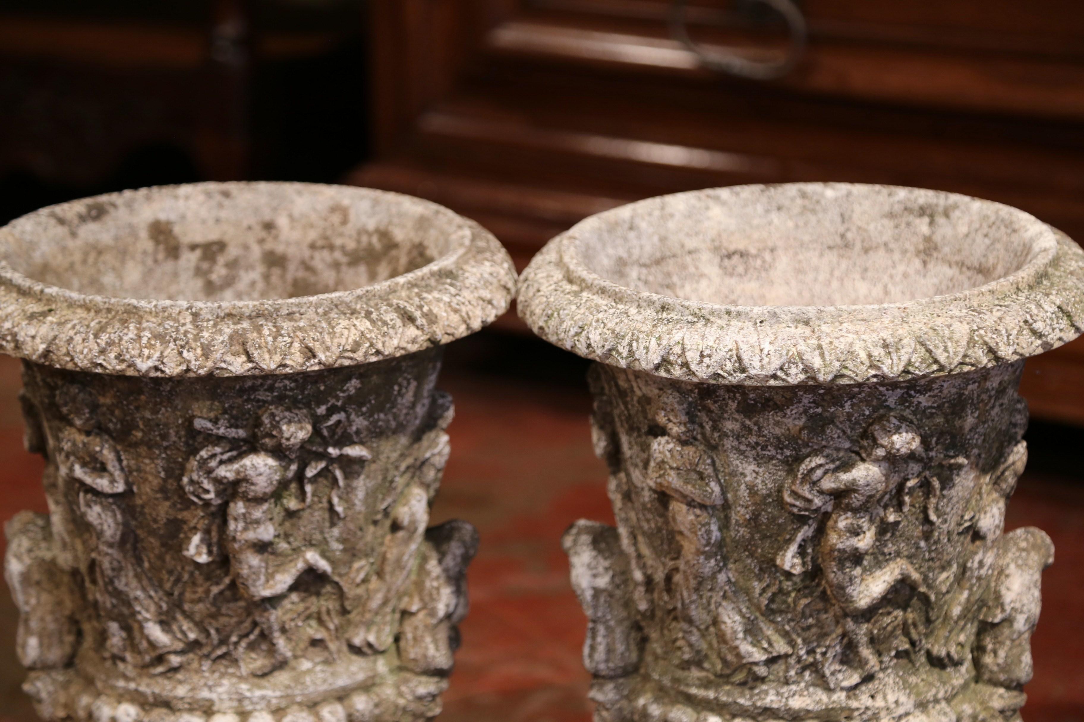 Pair of Early 20th Century French Outdoor Carved Cast Stone Vases 4