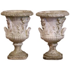Pair of Early 20th Century French Outdoor Carved Cast Stone Vases