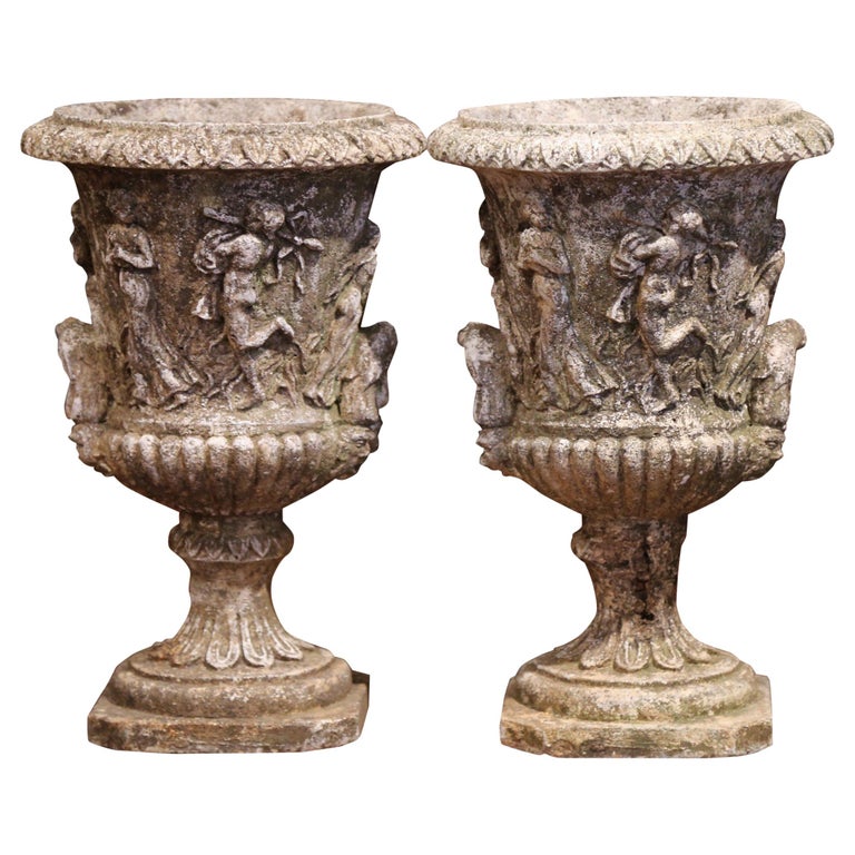 Pair of Early 20th Century French Outdoor Carved Cast Stone Vases at