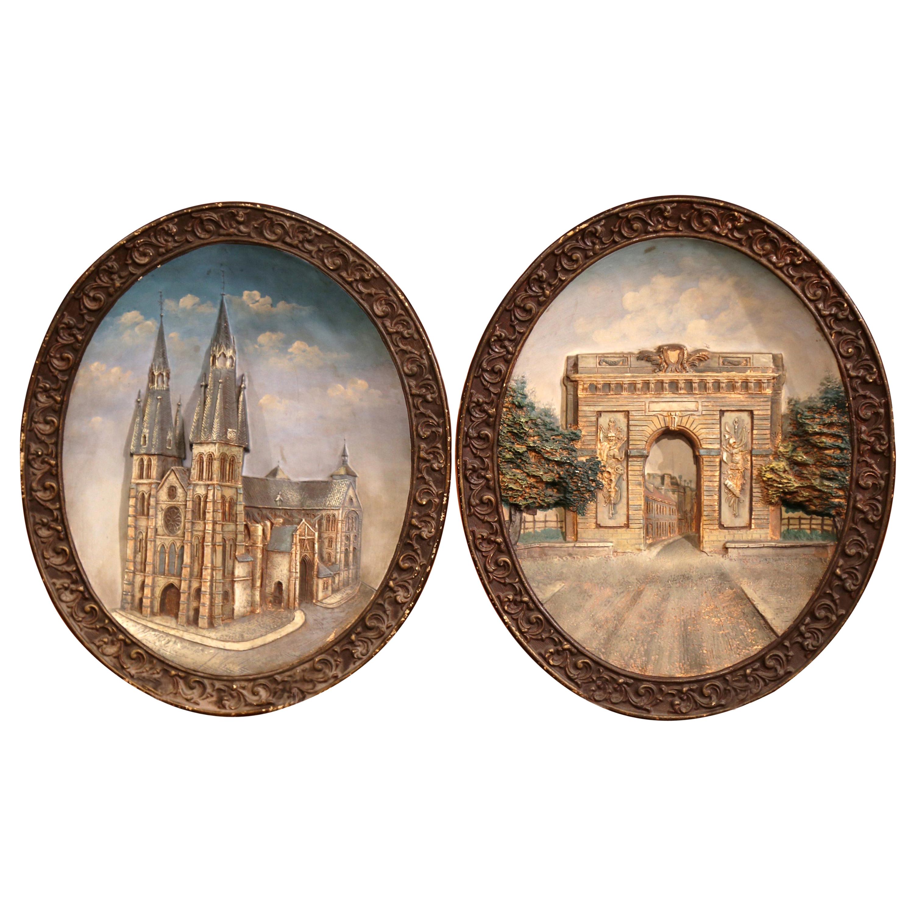 Paar ovale französische handbemalte Wandteller aus Keramik des frühen 20. Jahrhunderts