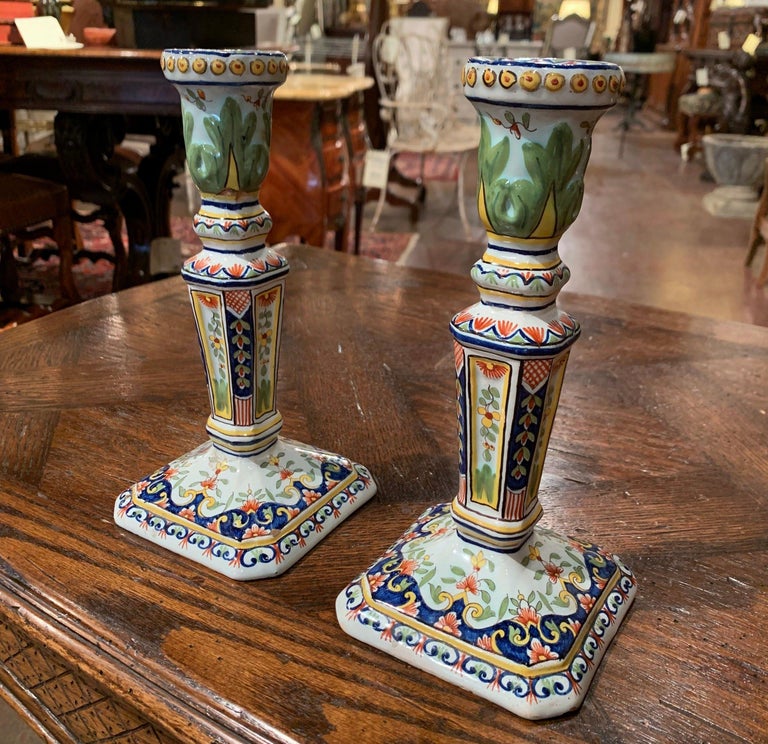 Pair of Early 20th Century French Painted Faience Candlesticks from
