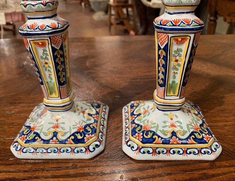 Pair of Early 20th Century French Painted Faience Candlesticks from
