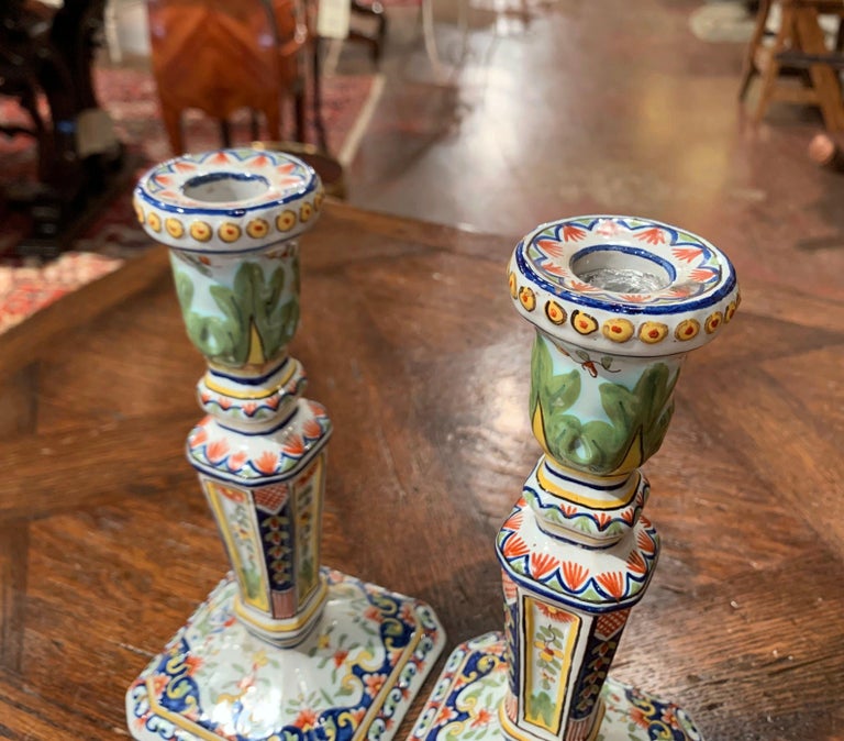 Pair of Early 20th Century French Painted Faience Candlesticks from