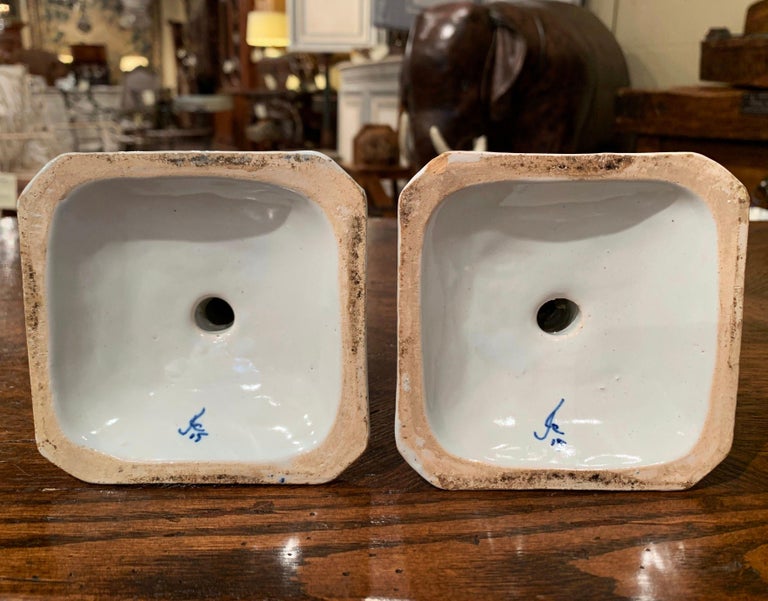 Pair of Early 20th Century French Painted Faience Candlesticks from