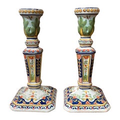 Pair of Early 20th Century French Painted Faience Candlesticks from Normandy