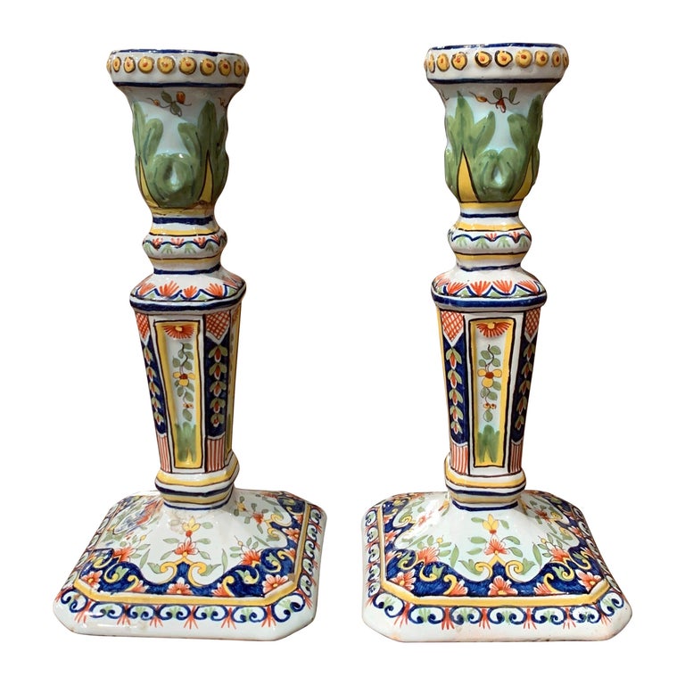 Pair of Early 20th Century French Painted Faience Candlesticks from