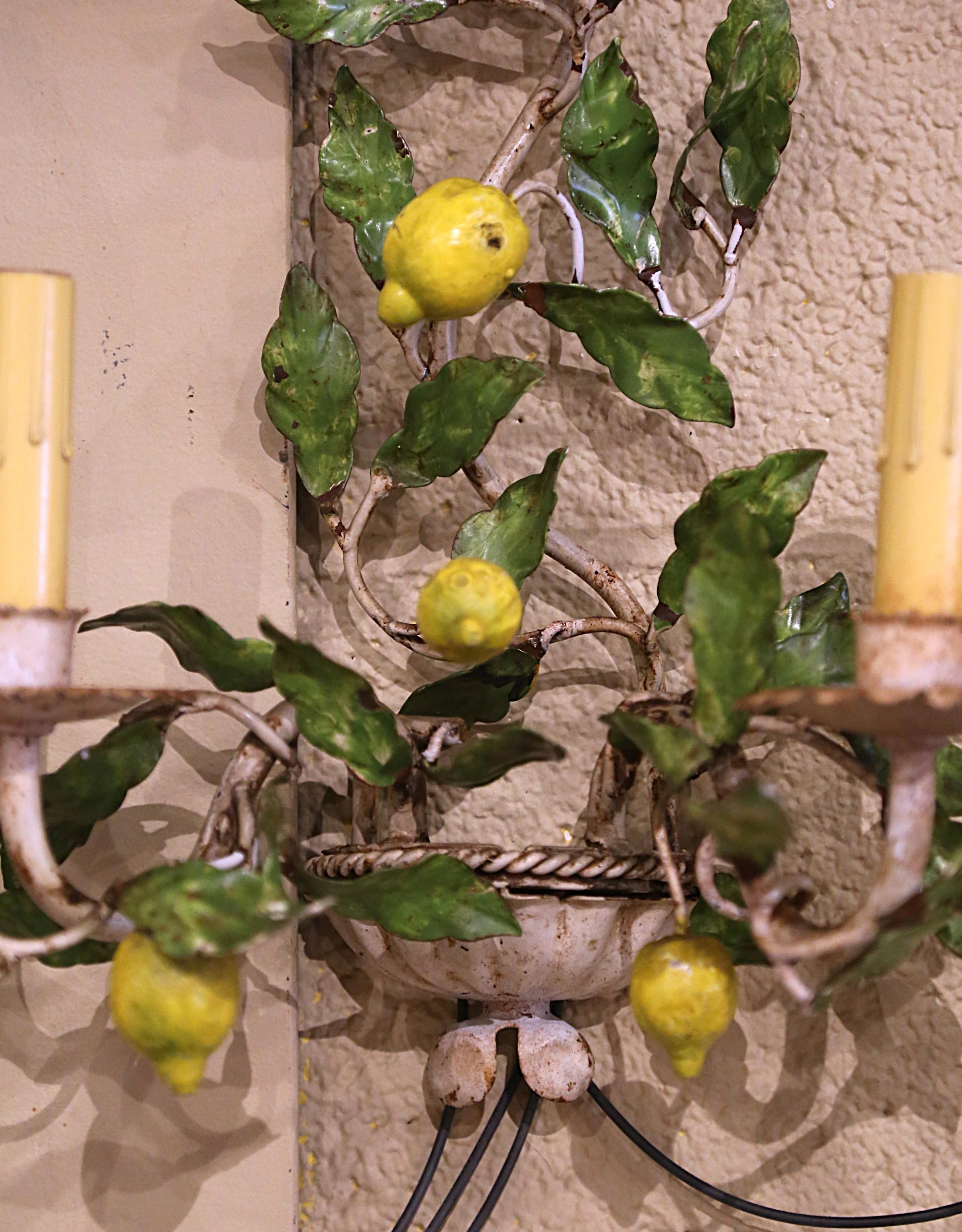 Hand-Crafted Pair of Early 20th Century French Painted Metal, Lemons and Leaves Wall Sconces For Sale
