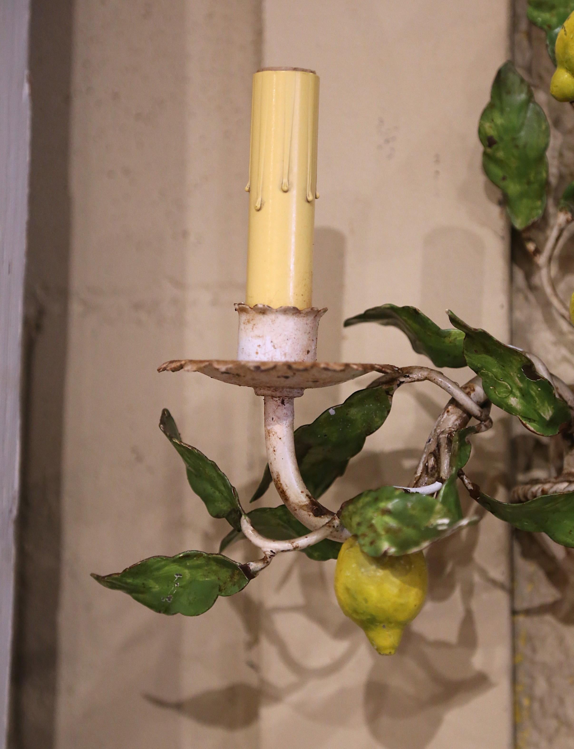 Pair of Early 20th Century French Painted Metal, Lemons and Leaves Wall Sconces For Sale 1