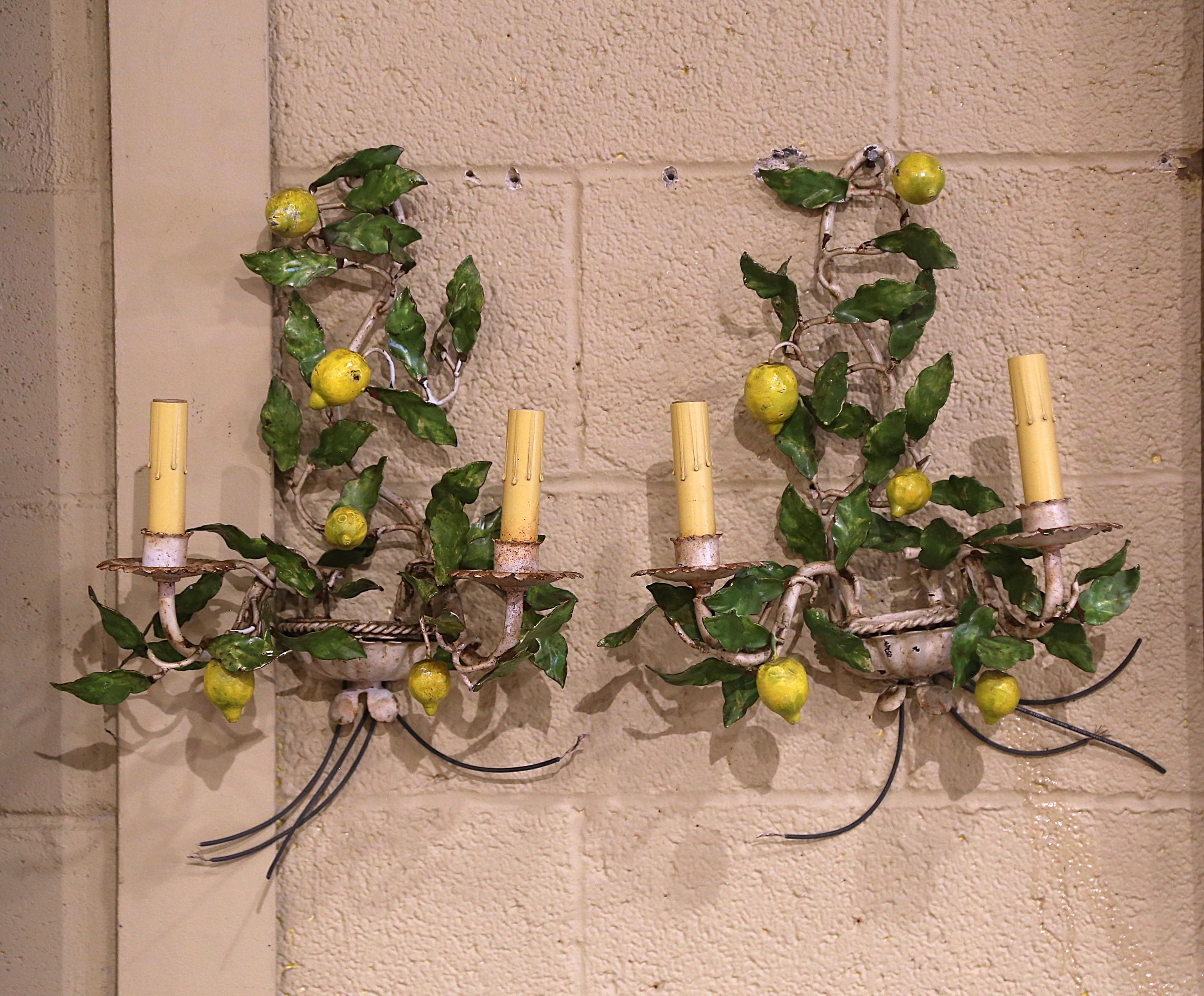 Pair of Early 20th Century French Painted Metal, Lemons and Leaves Wall Sconces For Sale 2