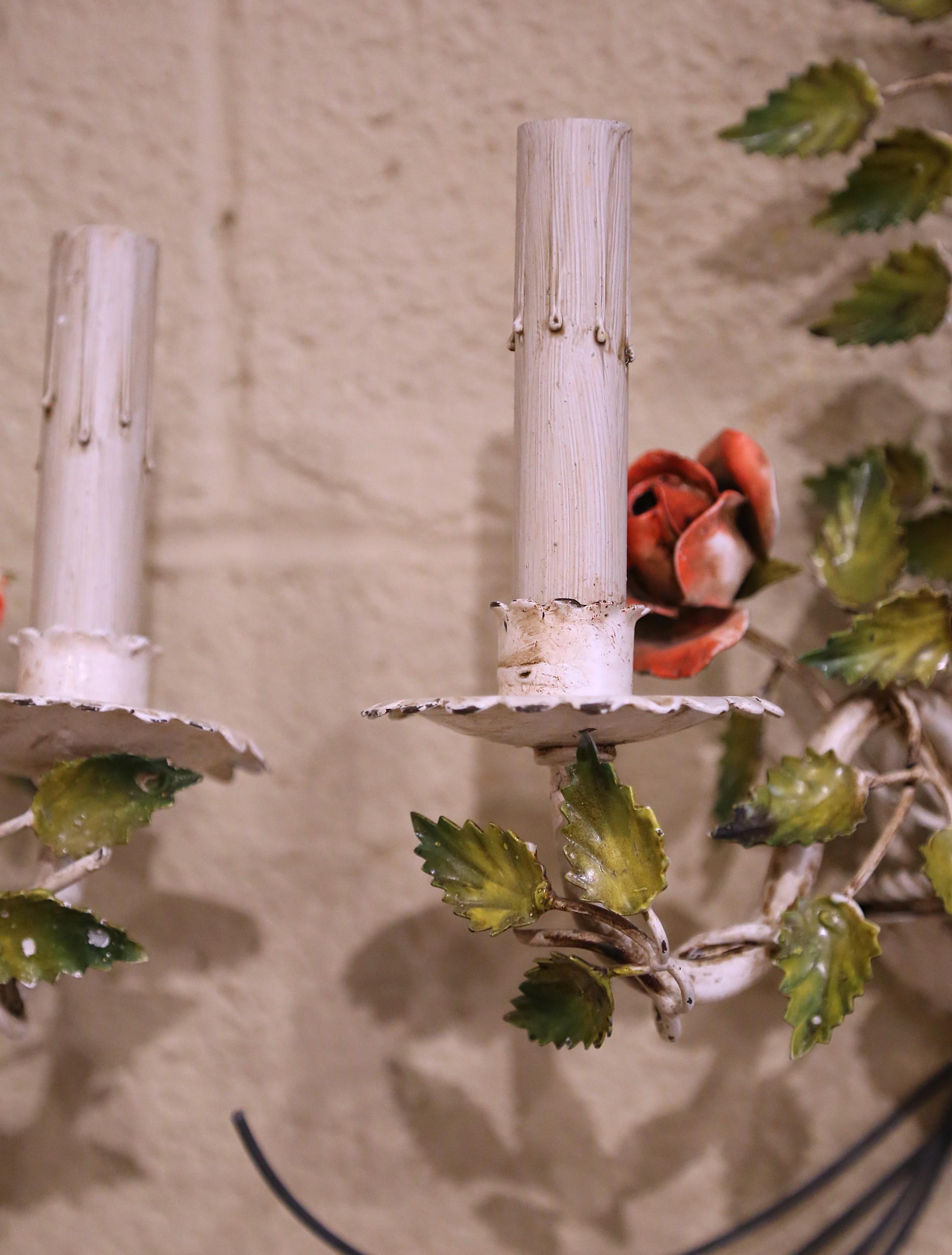 Pair of Early 20th Century French Painted Metal Roses & Leaves Wall Sconces For Sale 3