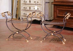 Pair of Early 20th Century French Polished Iron and Metal Curule Stools