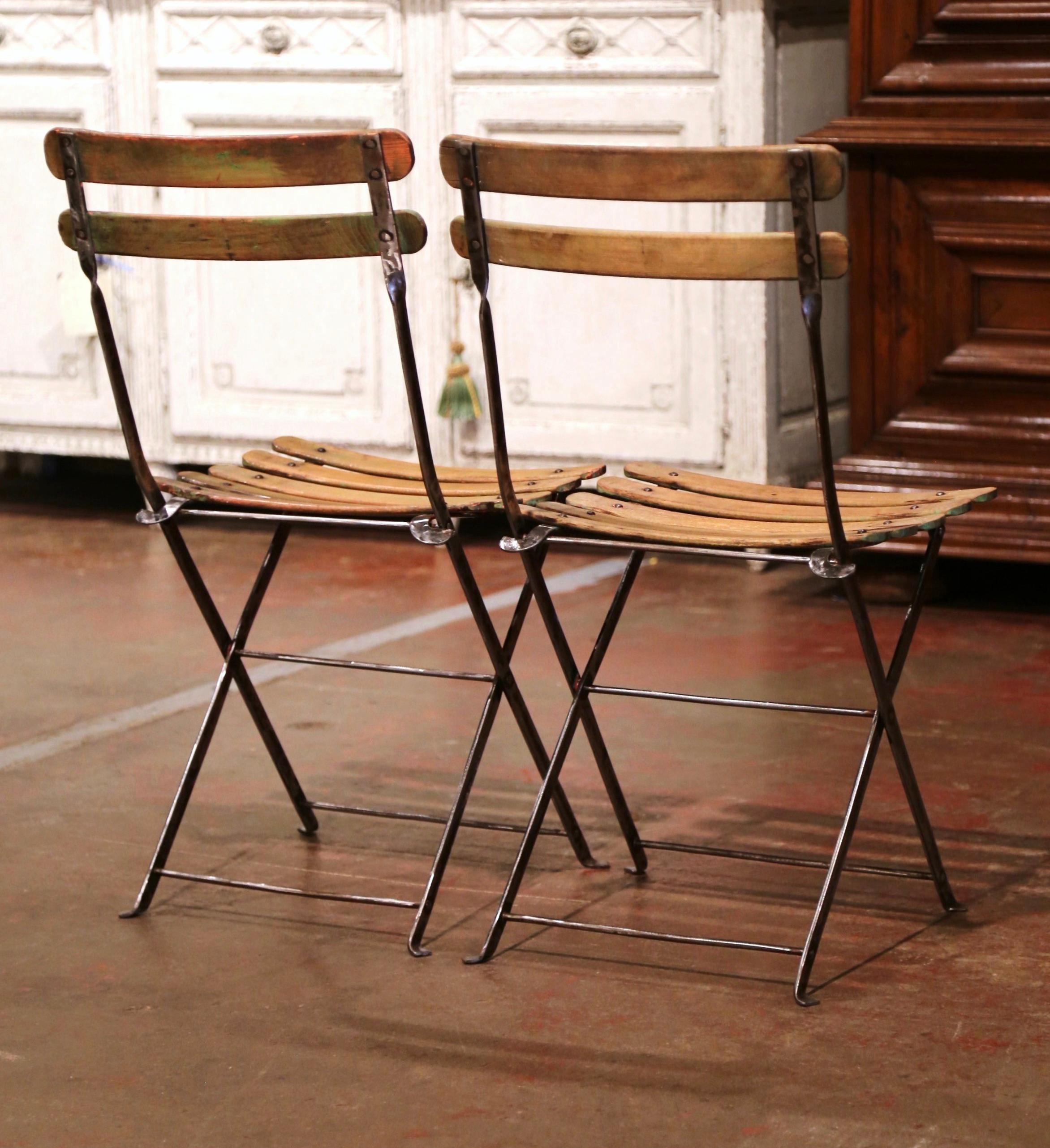 Pair of Early 20th Century French Polished Iron and Wood Folding Garden Chairs 6