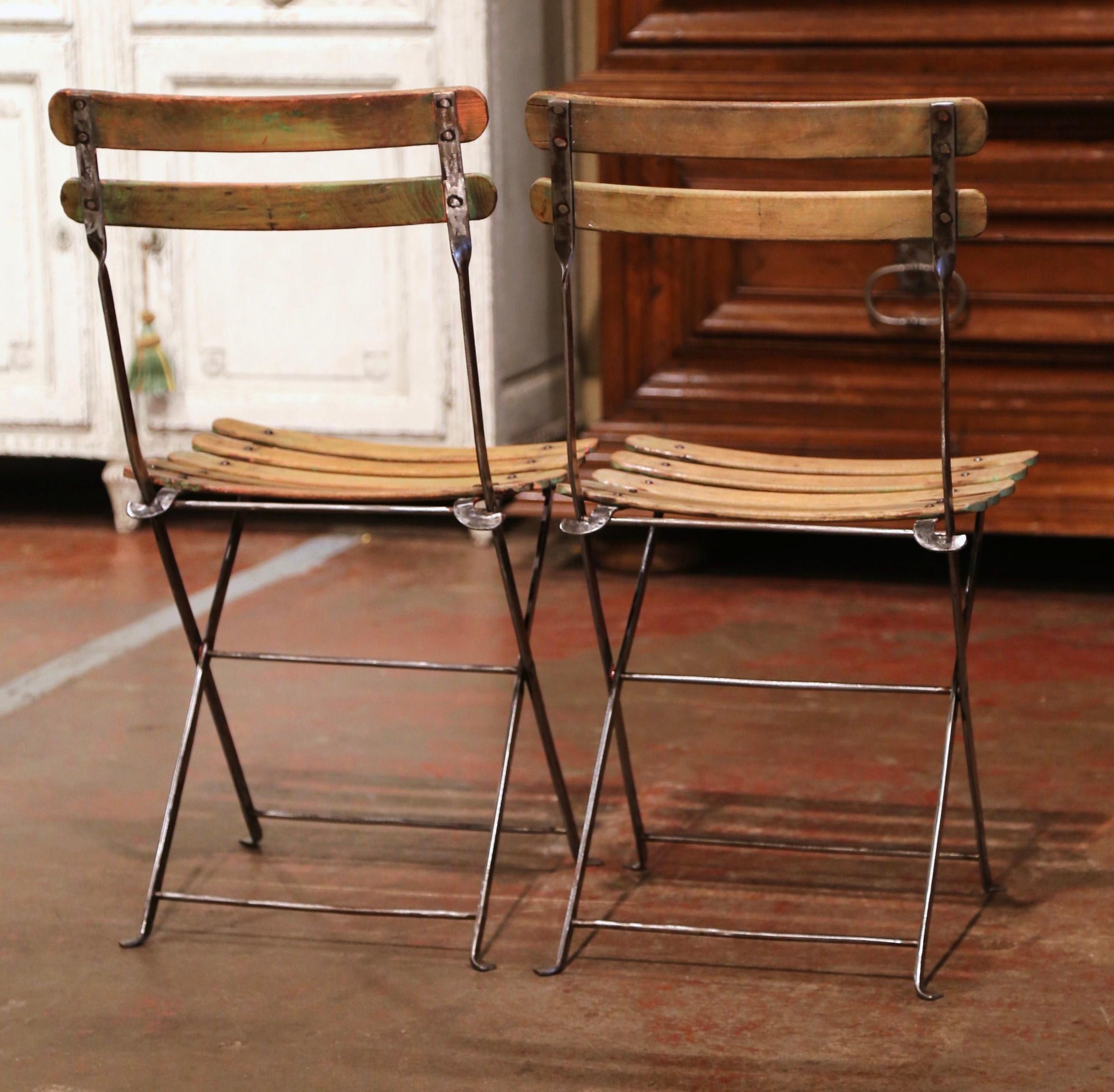 Pair of Early 20th Century French Polished Iron and Wood Folding Garden Chairs 5