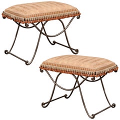 Antique Pair of Early 20th Century French Polished Wrought Iron Stools with Upholstery