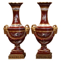 Pair of Early 20th Century French Porcelain and Gilt Urns Signed Mansart Paris