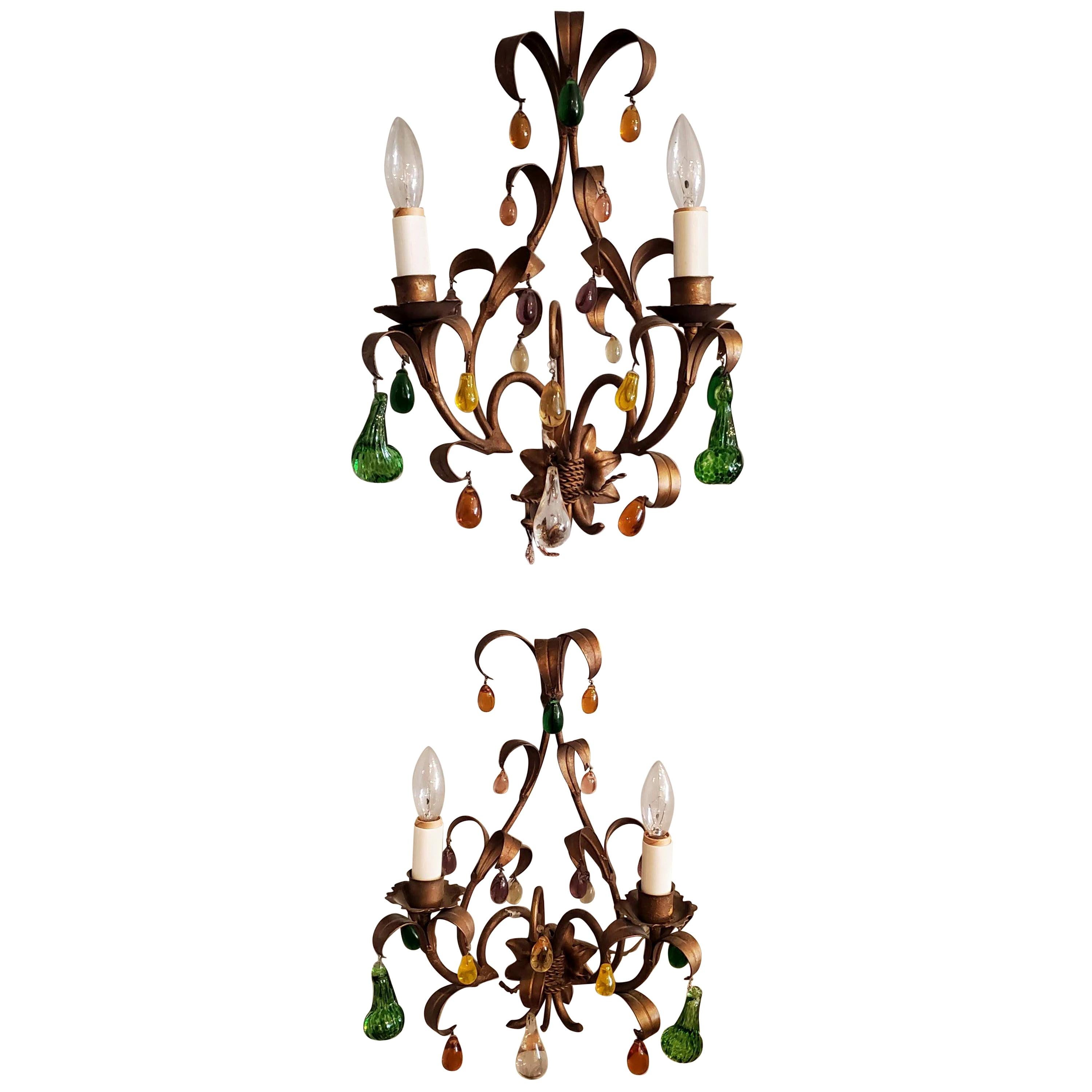 Pair of Early 20th Century French Provincial Metal & Glass Pendant Wall Sconces