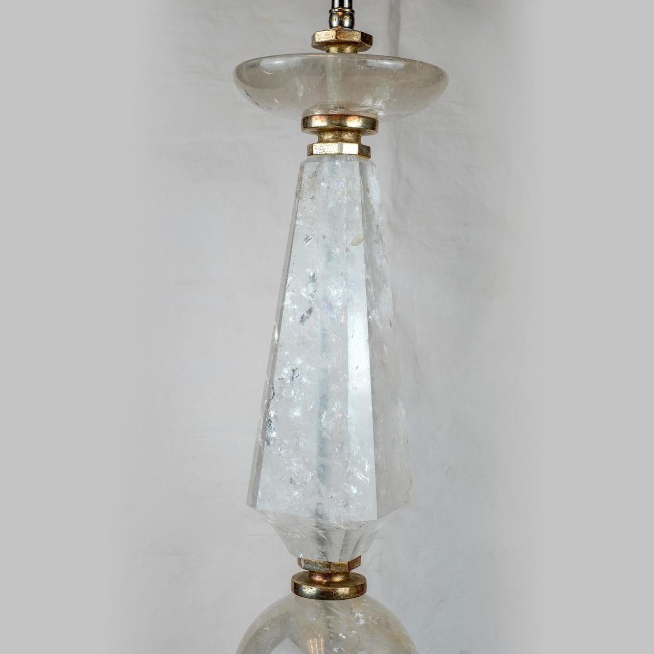 A fine pair of rock crystal and silvered wood accent table lamps with geometric rock crystal designs.

Origin: French
Date: Early 20th century
Dimension: 33 in x 7 1/4 in x 7 1/4 in.
