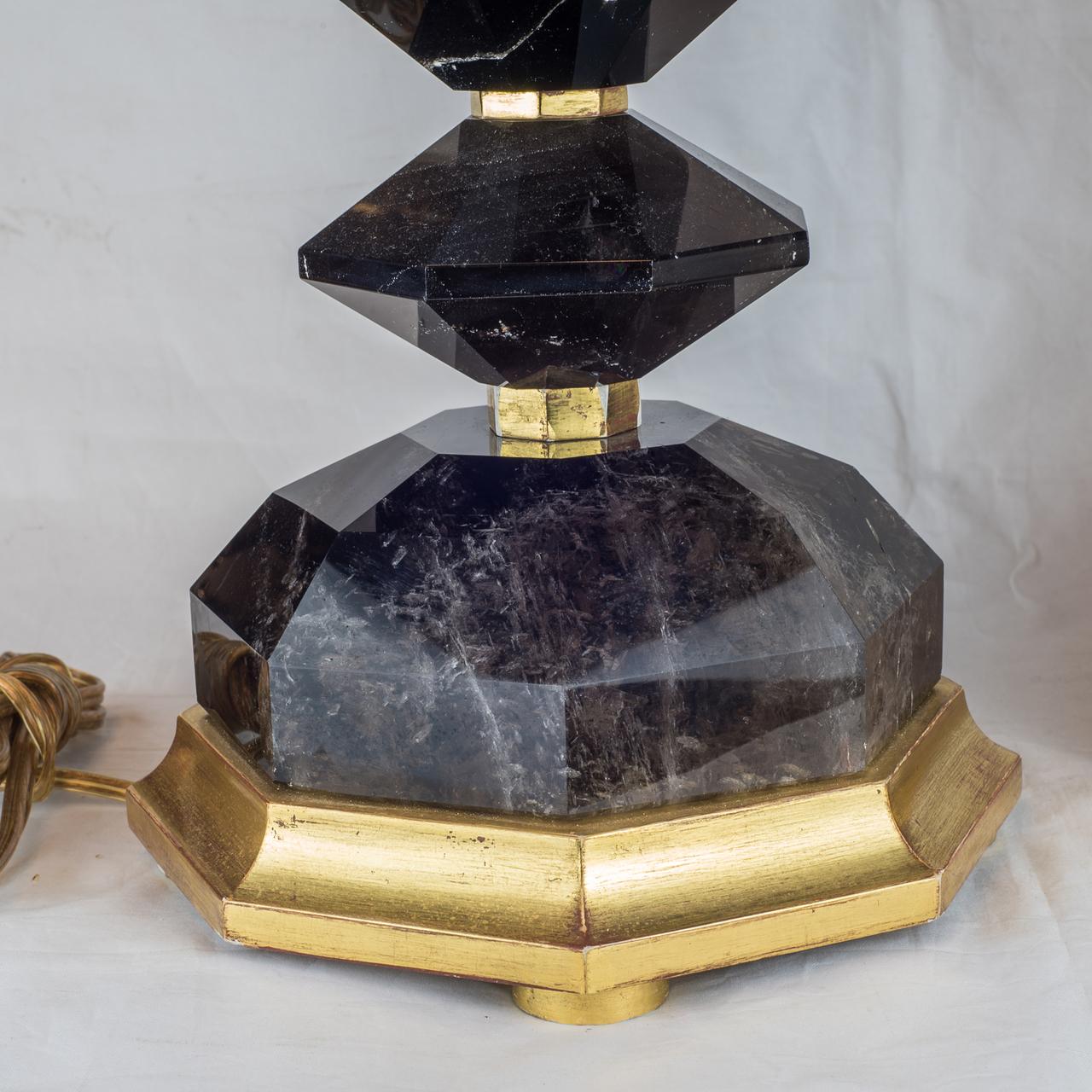 Carved Pair of Early 20th Century French Smoke Rock Crystal Table Lamps For Sale