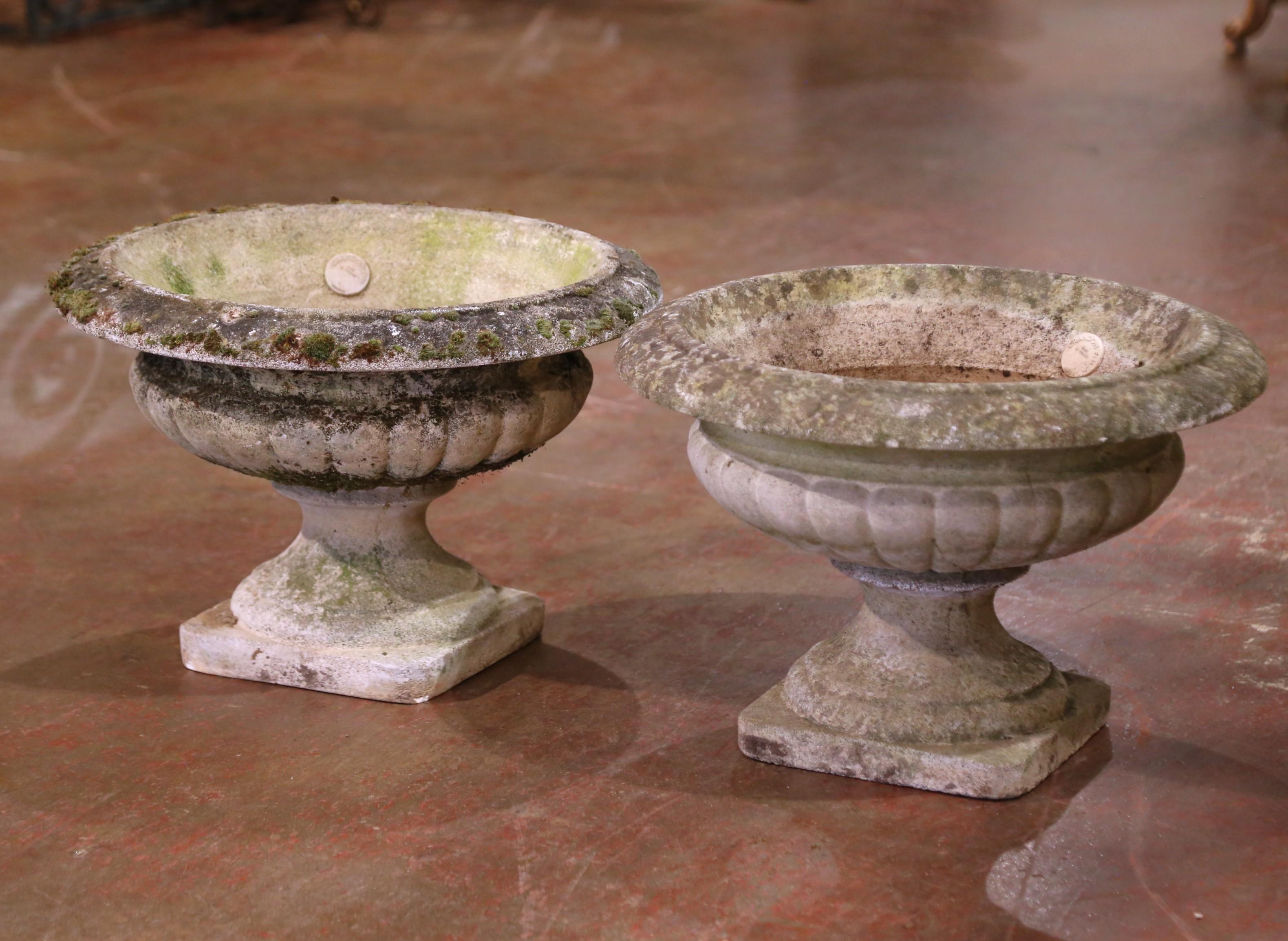 Pair of Early 20th Century French Stone Garden Urns Planters by Grandon Freres In Excellent Condition For Sale In Dallas, TX