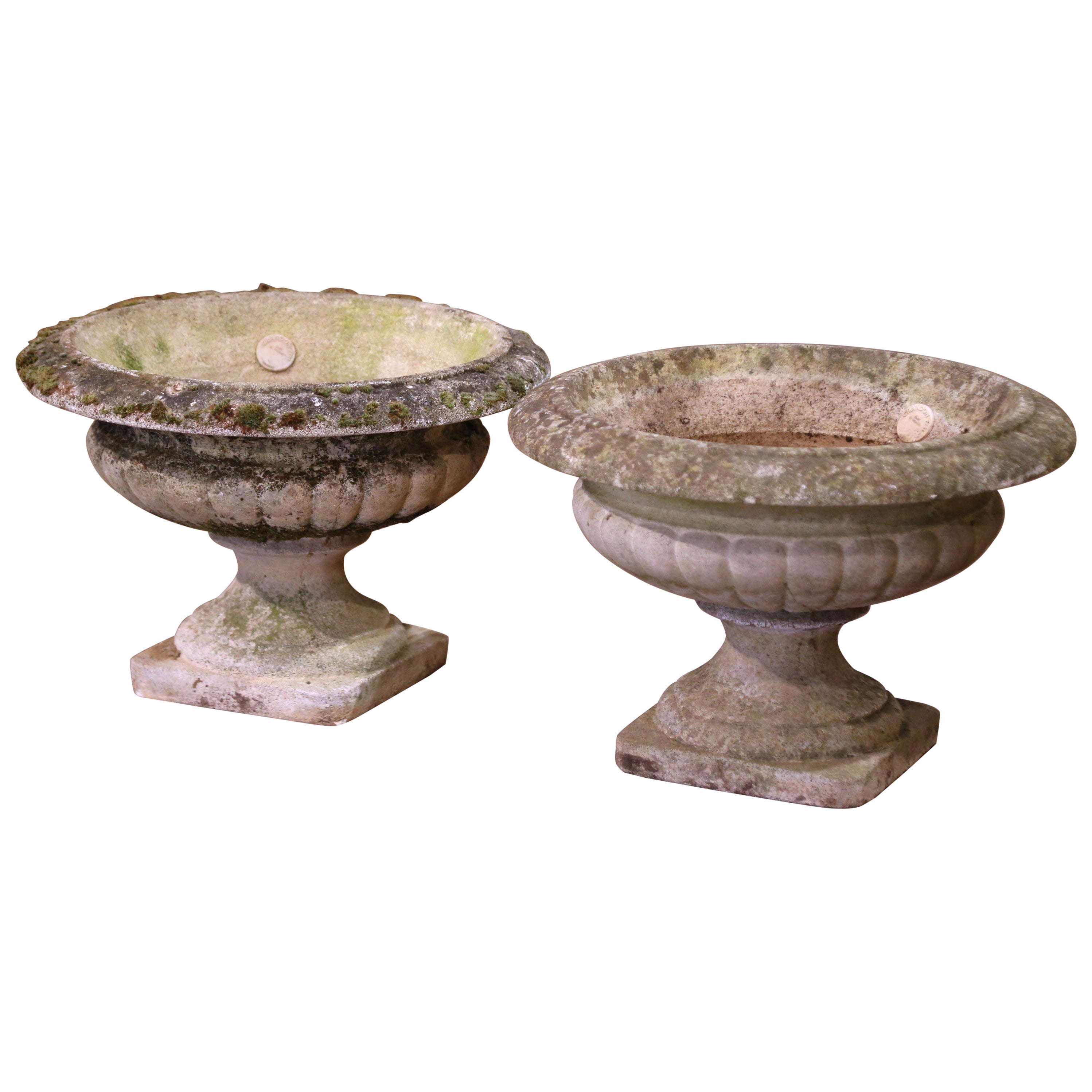 Pair of Early 20th Century French Stone Garden Urns Planters by Grandon Freres For Sale