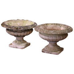 Pair of Early 20th Century French Stone Garden Urns Planters by Grandon Freres