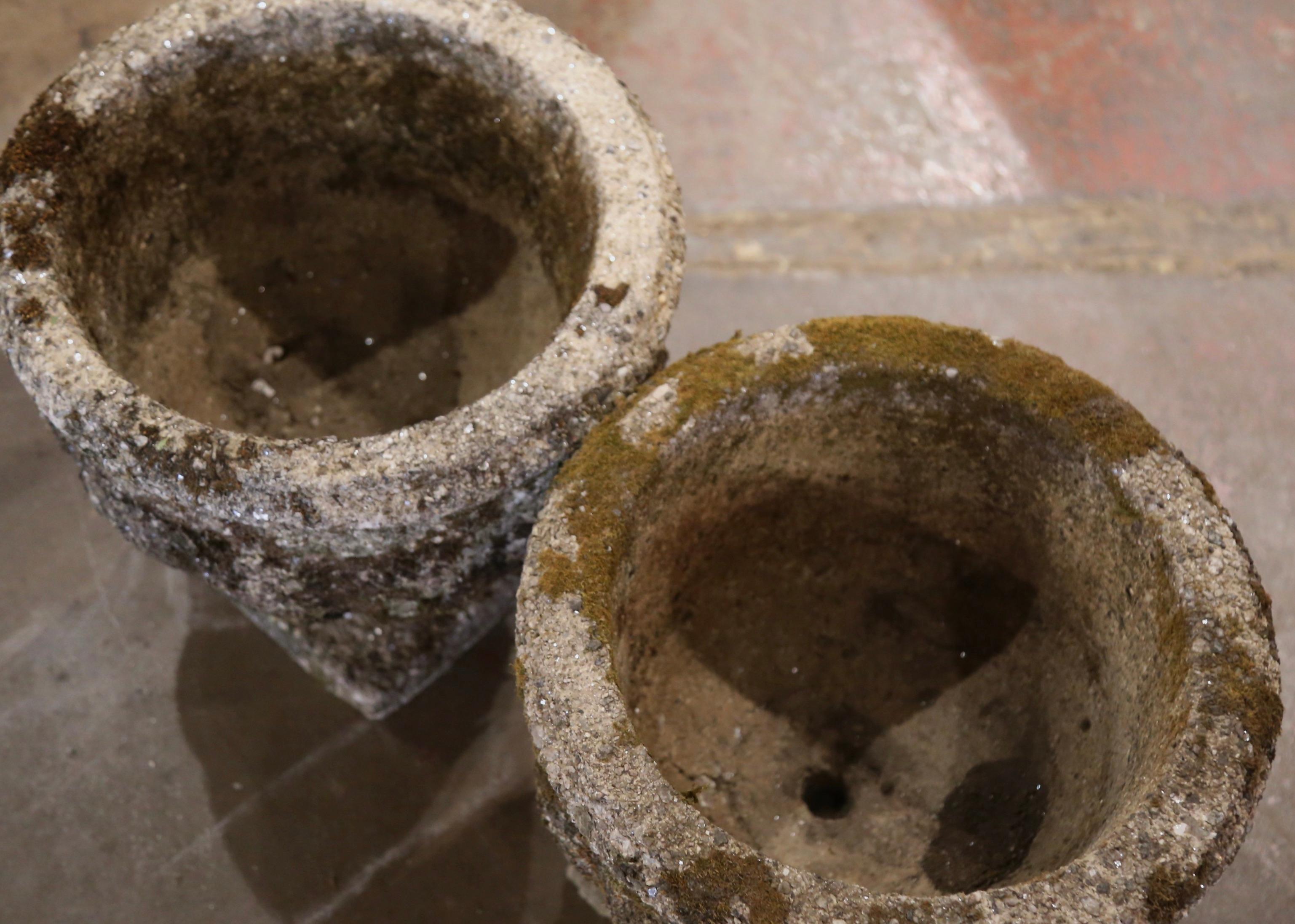 Hand-Carved Pair of Early 20th Century French Stone Garden Urns Planters