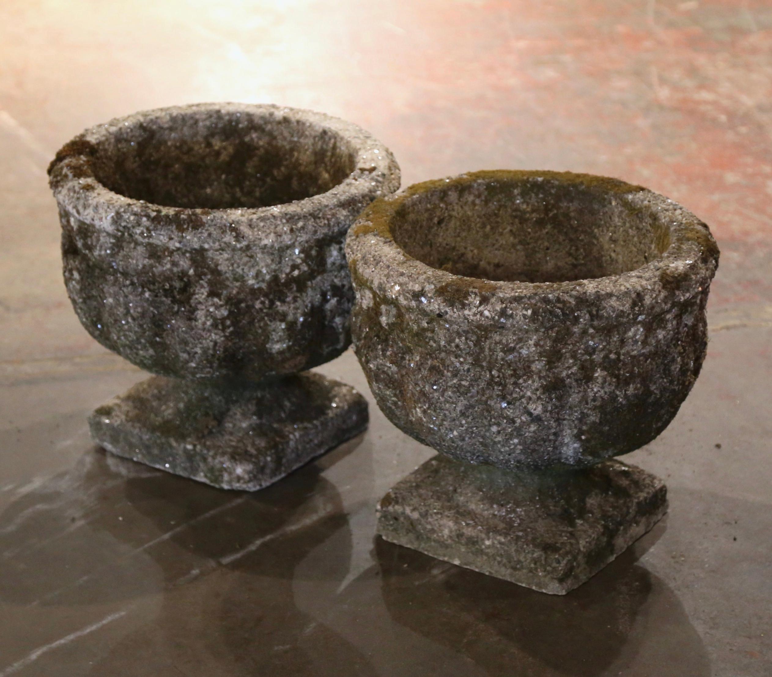 Pair of Early 20th Century French Stone Garden Urns Planters In Excellent Condition In Dallas, TX